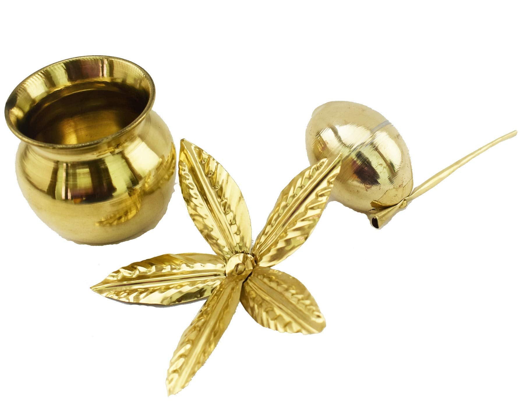RealCraft; INSPIRING LIFES Glossy Mangal Kalash with Brass Nariyal and Leafs | for Diwali Pooja Metallic Coconut Mango Leaves (7