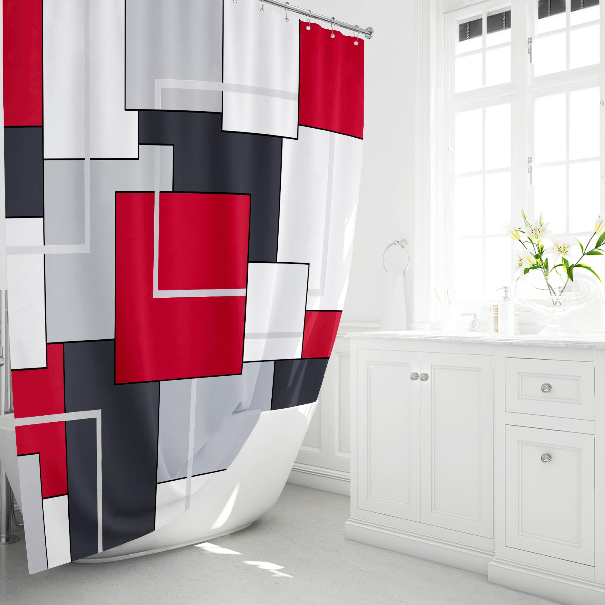 BTTN Red Fabric Shower Curtain  Modern Geometric Cloth Shower Curtain Set with Plastic Hooks  Water Repellent  Weighted Hem  Abstract Decorative Polyester Shower Curtains for Bathroom  72 x 72