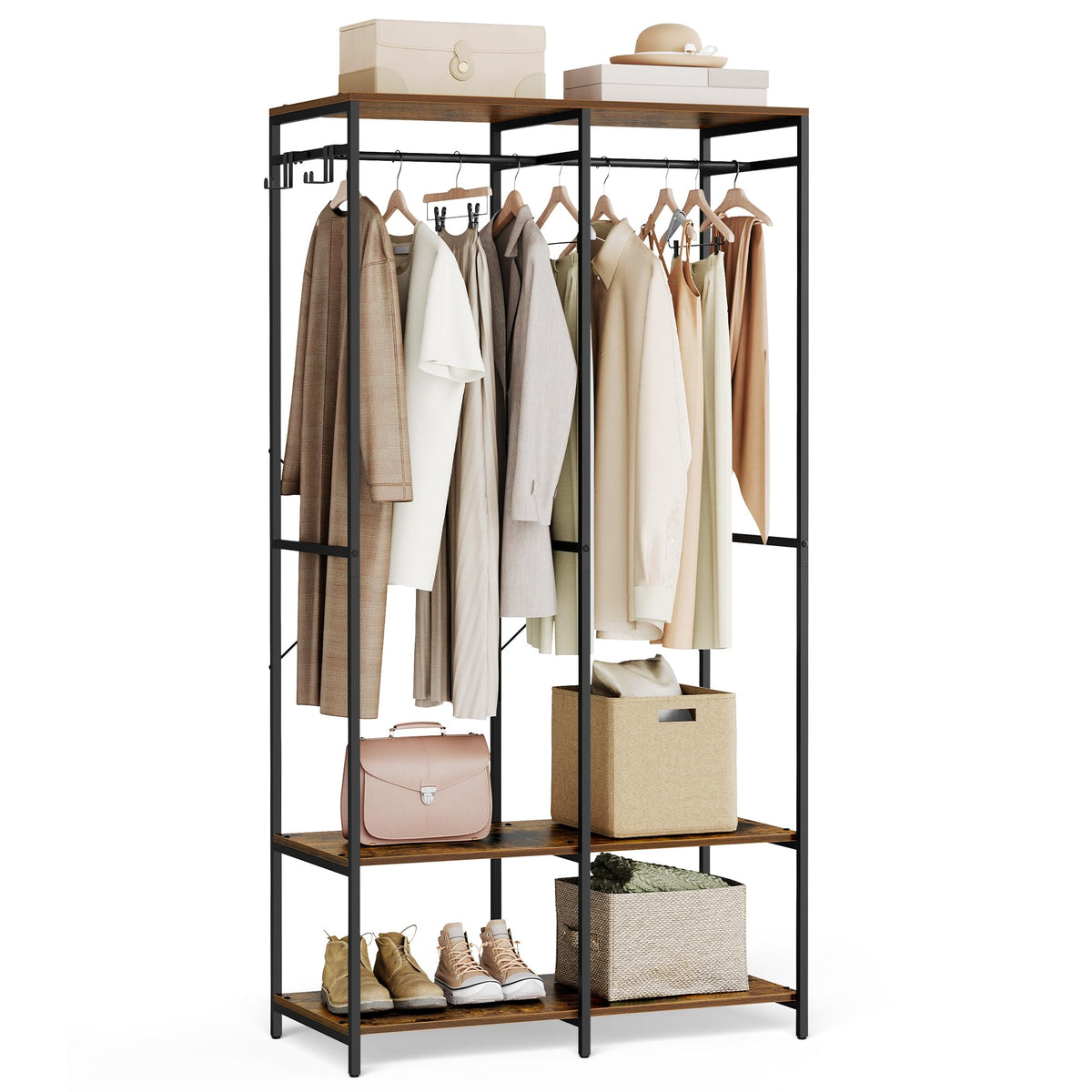 Songmics Clothes Rack, Iron And Wood Wardrobe Closet Organizer, Heavy Duty Garment Rack With Hanging Rods, Closet Shelves, Remov
