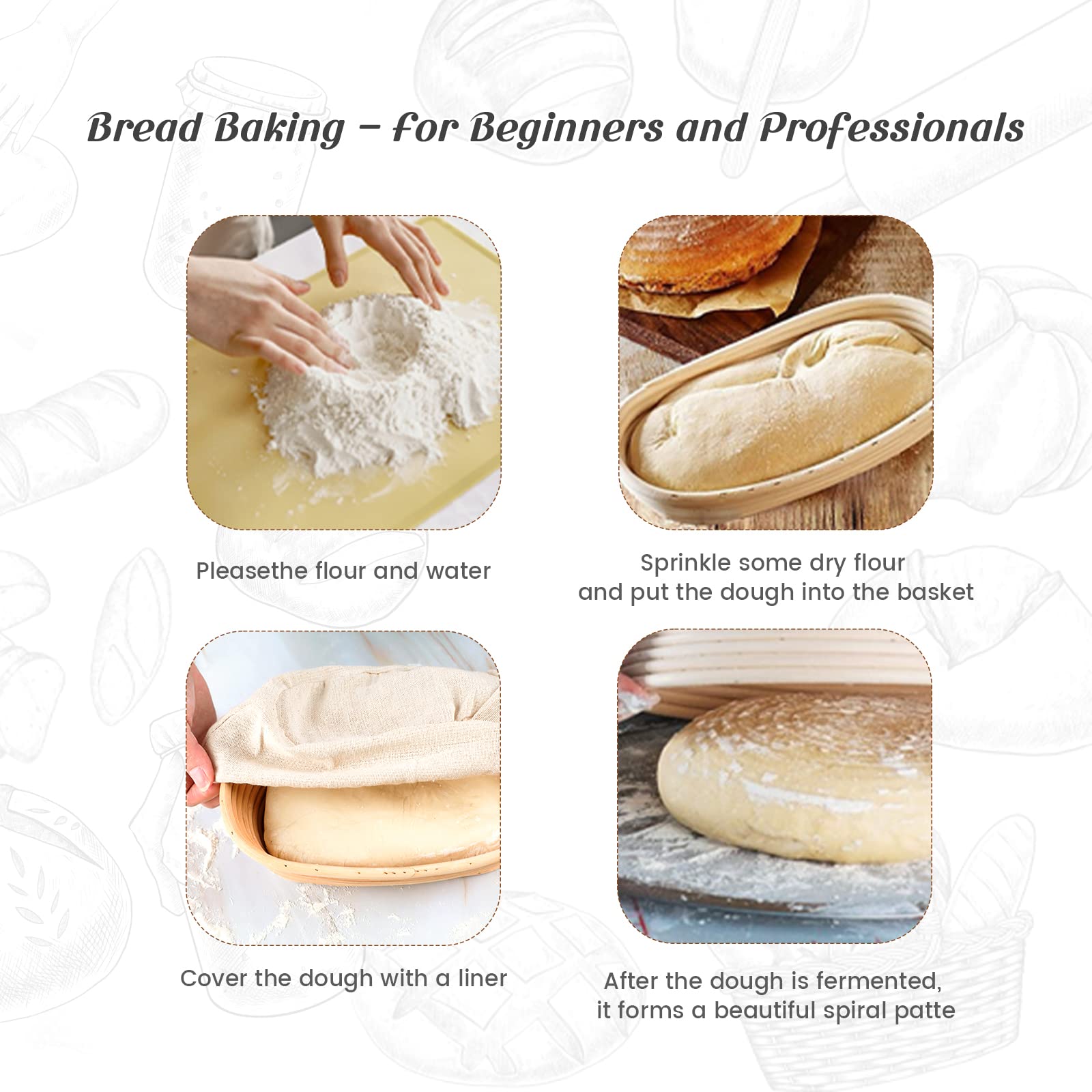 Joyyy Sourdough Bread Proofing Baskets With Liner, Dough Rising Ratten Bowl For Bread Making And Baking, Oval, 10 Inch (Set Of 2