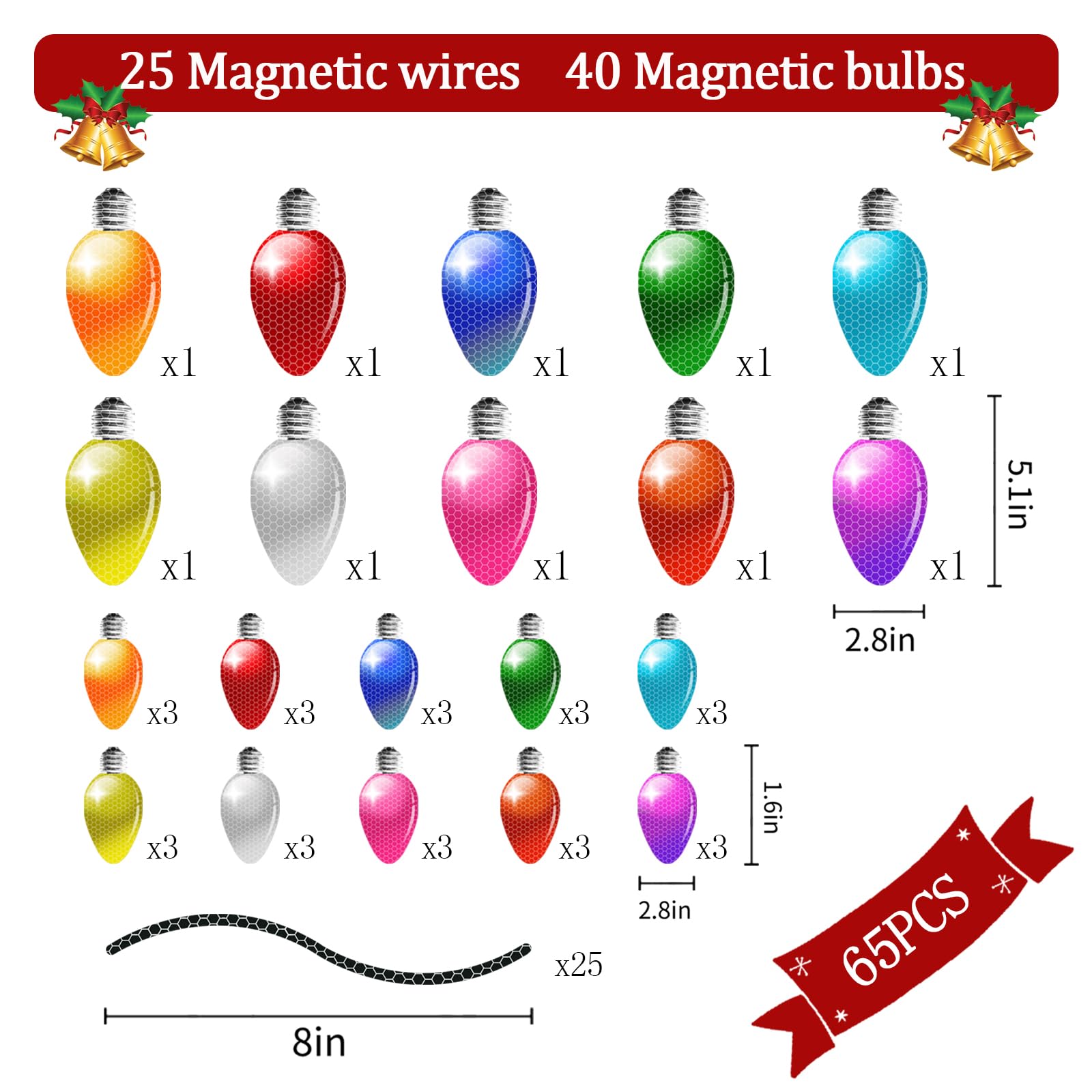 65 Pcs Christmas Car Reflective Bulbs Magnets Decorations, 40 Christmas Refrigerator Bulbs Light Shaped Magnets 25 Magnetic Wire
