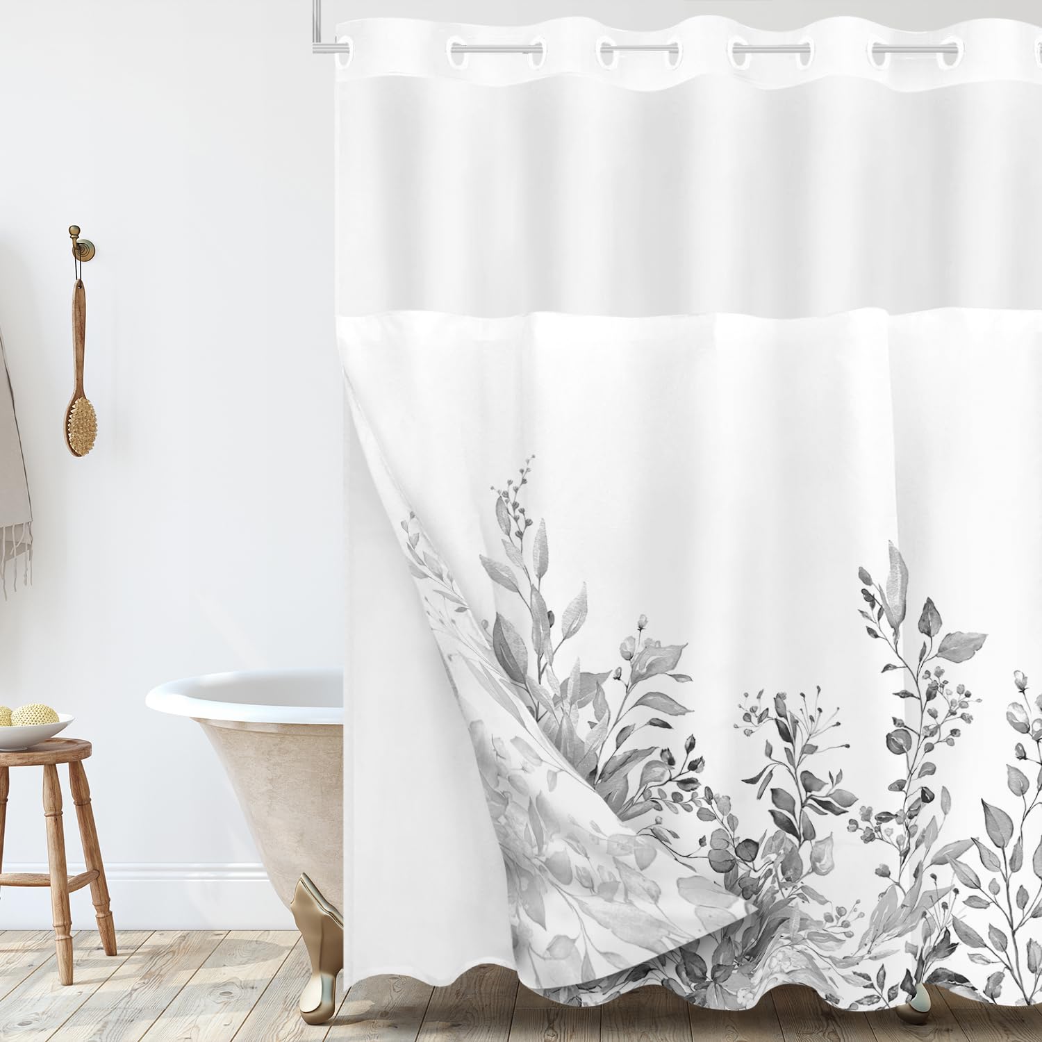 Tititex No Hooks Snap In Liner Grey Eucalyptus Leaves Shower Curtain Sets, Hotel Luxury Double Layers Waterproof Fabric & See-Th