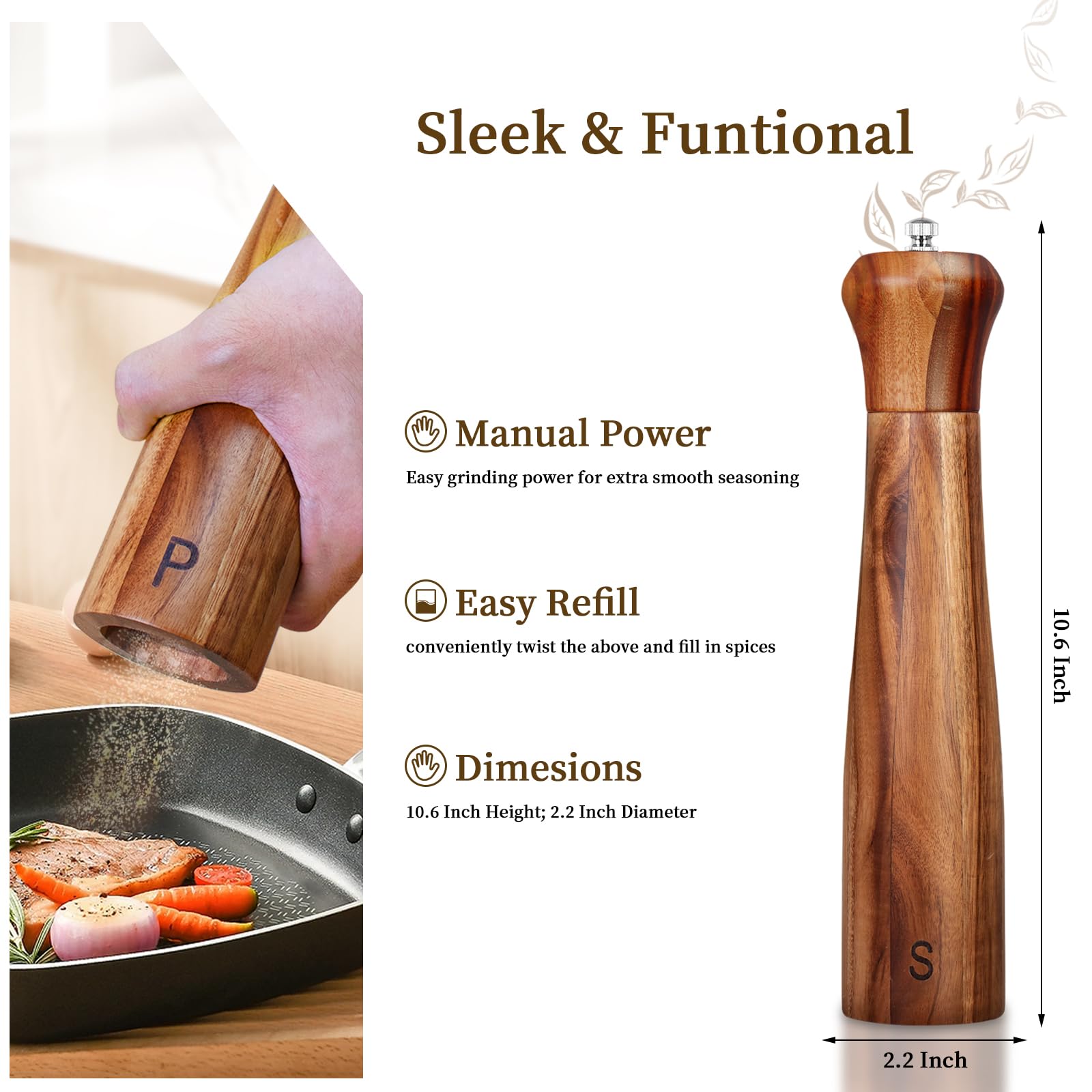 2 Pack 10 Inch Acacia Wooden Salt and Pepper Grinder Set, Manual Salt and Pepper Mills, Salt Grinder Refillable with Adjustable