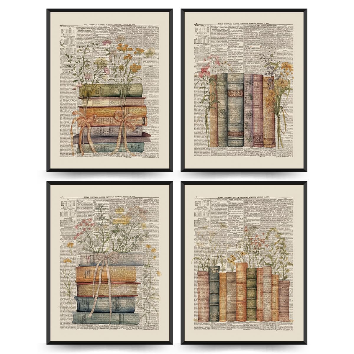 PLKMN Vintage Floral Wall Decor, Retro Rustic Library Book Club Gifts, Book Themed Party Decorations 4 Pcs, Bookish Posters for 