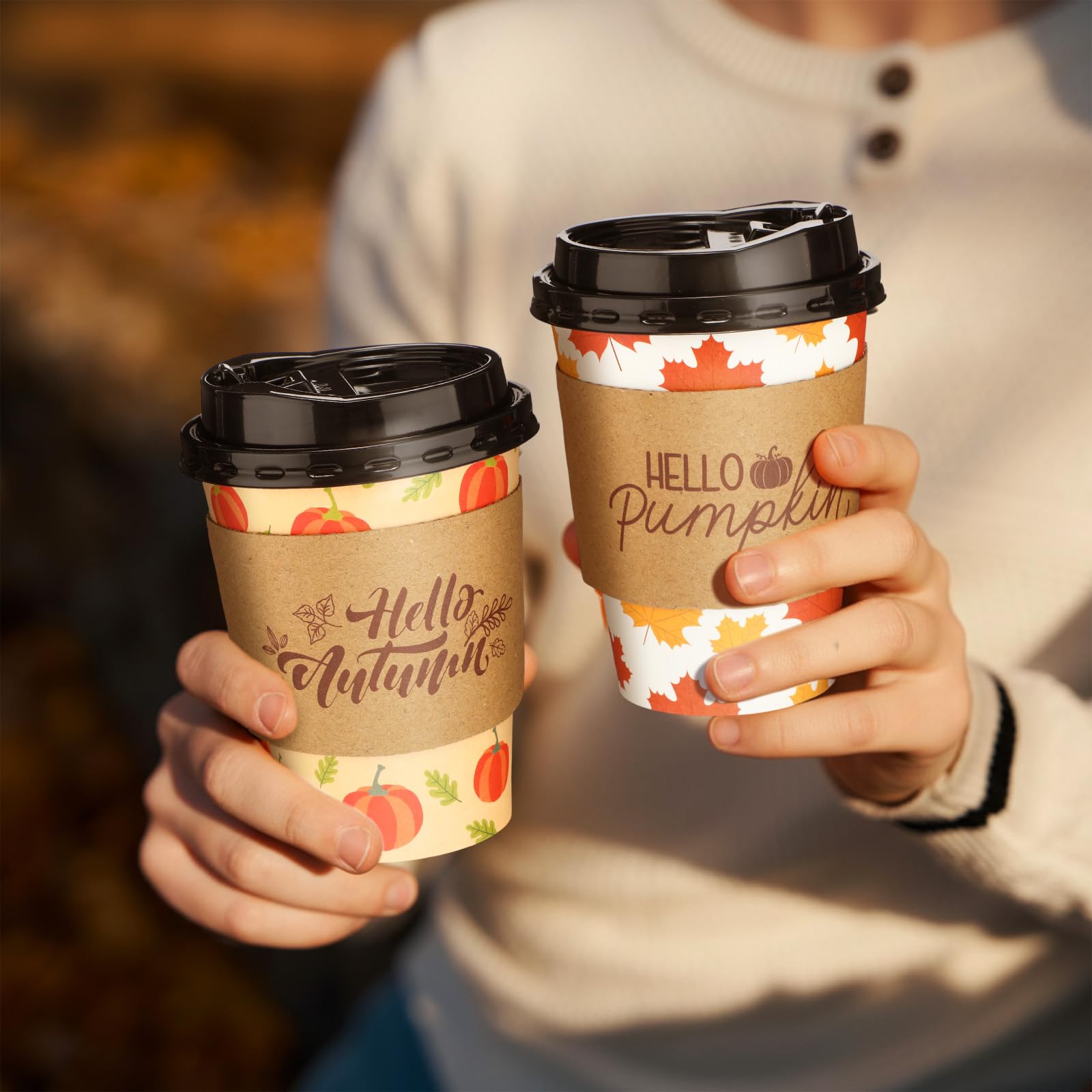 Jingmore 60 Pack 12 oz Fall Disposable Coffee Cups with Lids Sleeves Sticks Autumn Pumpkin Orange Fall Paper Coffee Cups for Dri
