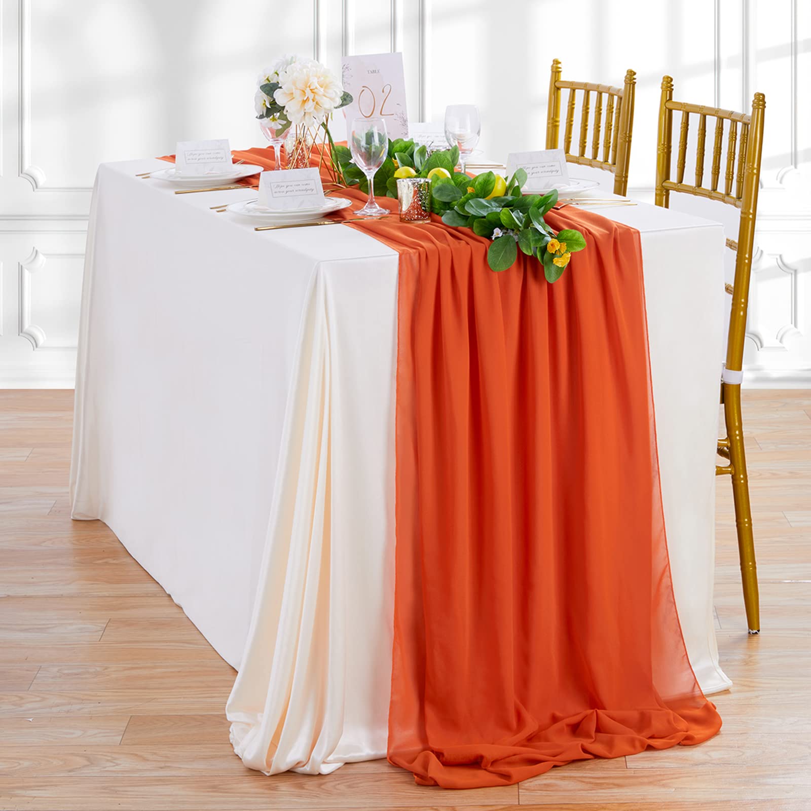 Queendream Sheer Table Runner 10Ft Rustic Burnt Orange Chiffon Linens Bridal Boho Wedding Party Table Decorations
