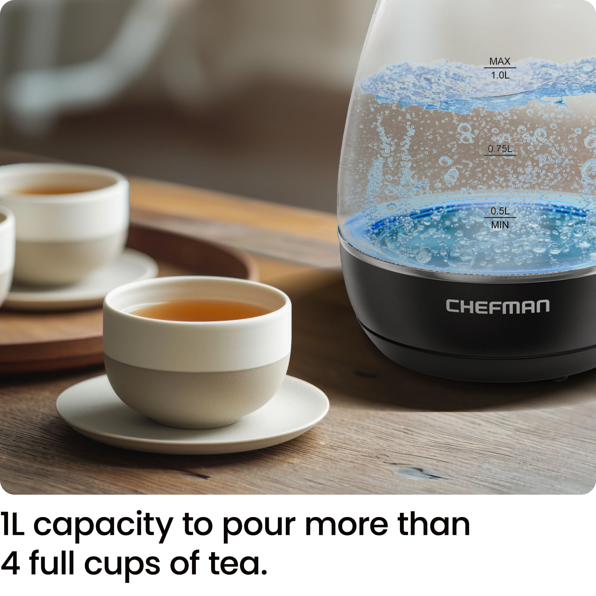 Chefman 1L Electric Tea Kettle With Led Lights, Automatic Shut Off, Removable Lid, Boil-Dry Protection, Hot Water Electric Kettl