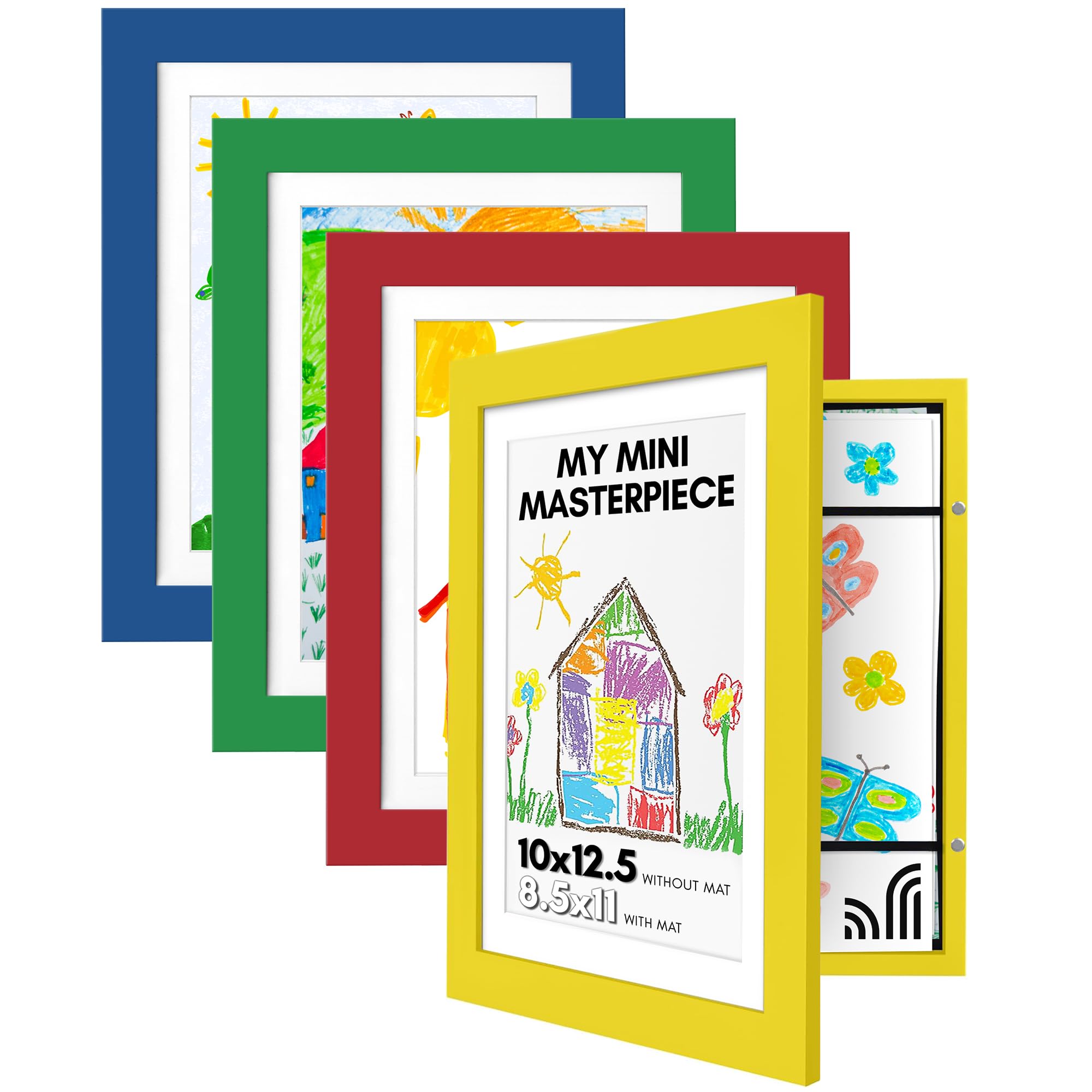 Americanflat 10x12.5 Kids Art Frame - Front Loading Picture Frame - Set of 4 - Use as 8.5x11 Frame with Mat or 10x12.5 Frame Wit