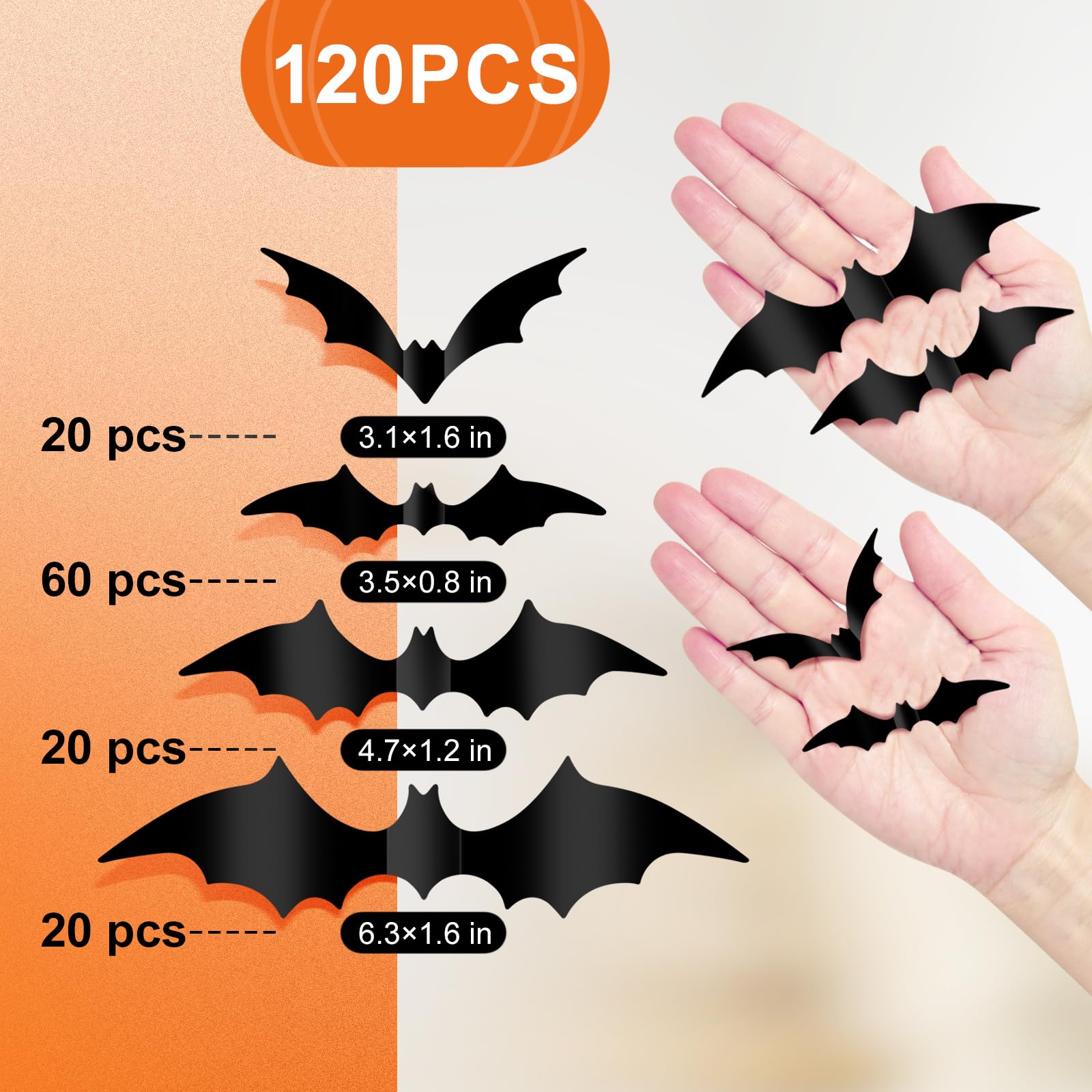 Halloween Decoration Bat 120 Pcs 3D Halloween Bats Wall Decor Stickers, Halloween Party Supplies, Halloween Wall Bats Stickers D