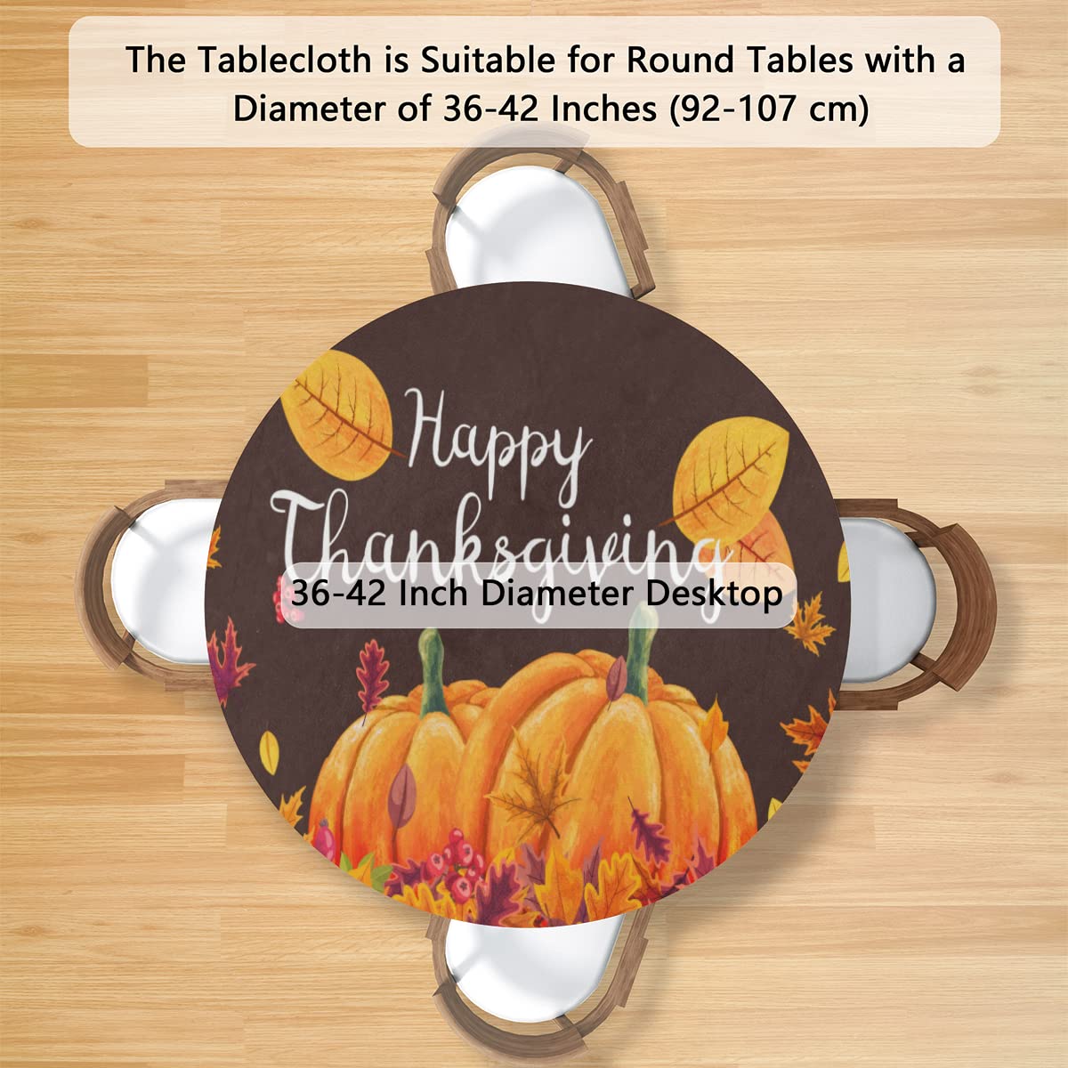 Fall Thanksgiving Round Tablecloth with Elastic Wipeable Pumpkin Fitted Table Cover Waterproof Circle Outdoor Table Cloth for Ki