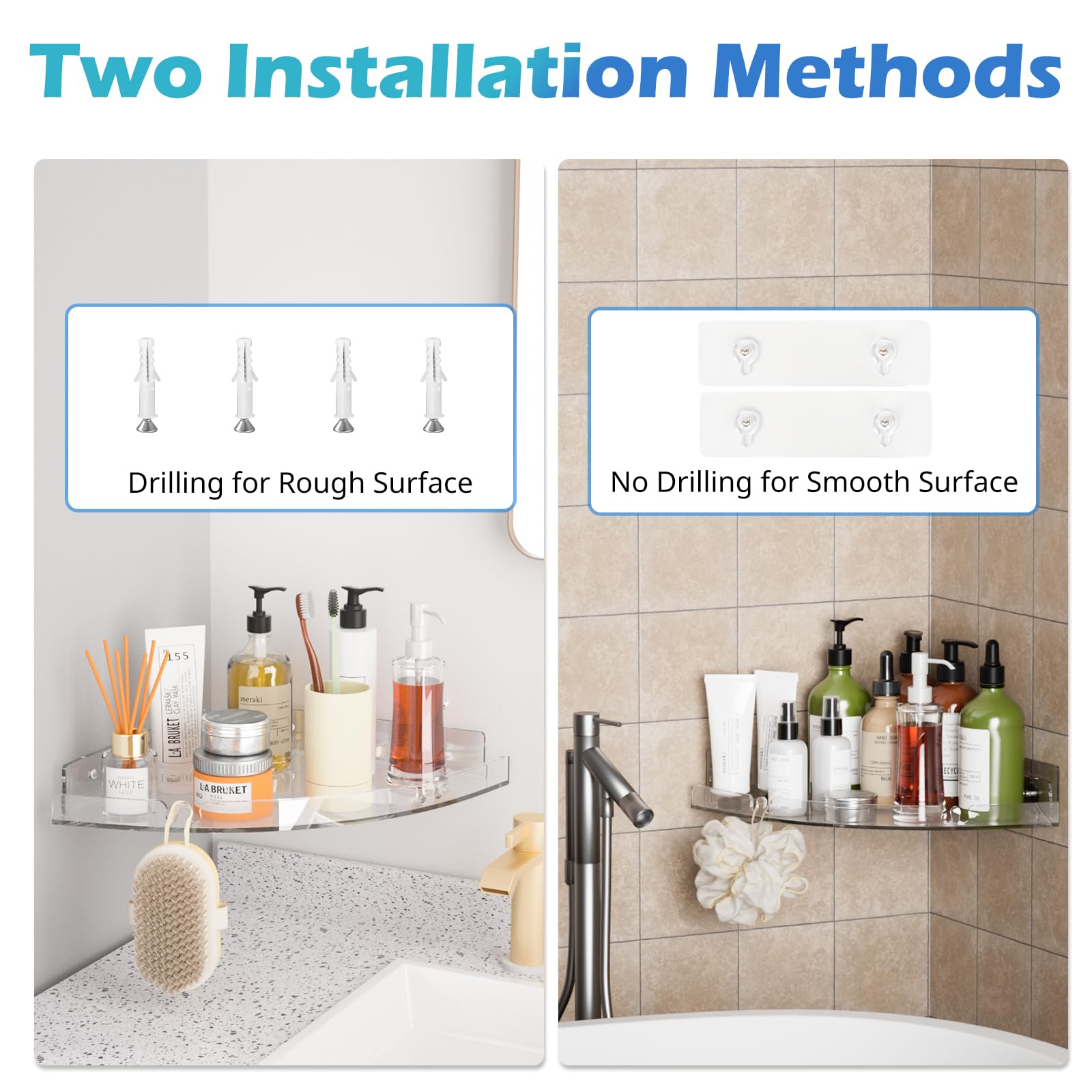 Durmmur 2 Pack Acrylic Corner Shower Caddy, Clear Corner Shower Shelf With 4 Hooks, Adhesive Wall Mounted Bathroom Shower Shelf