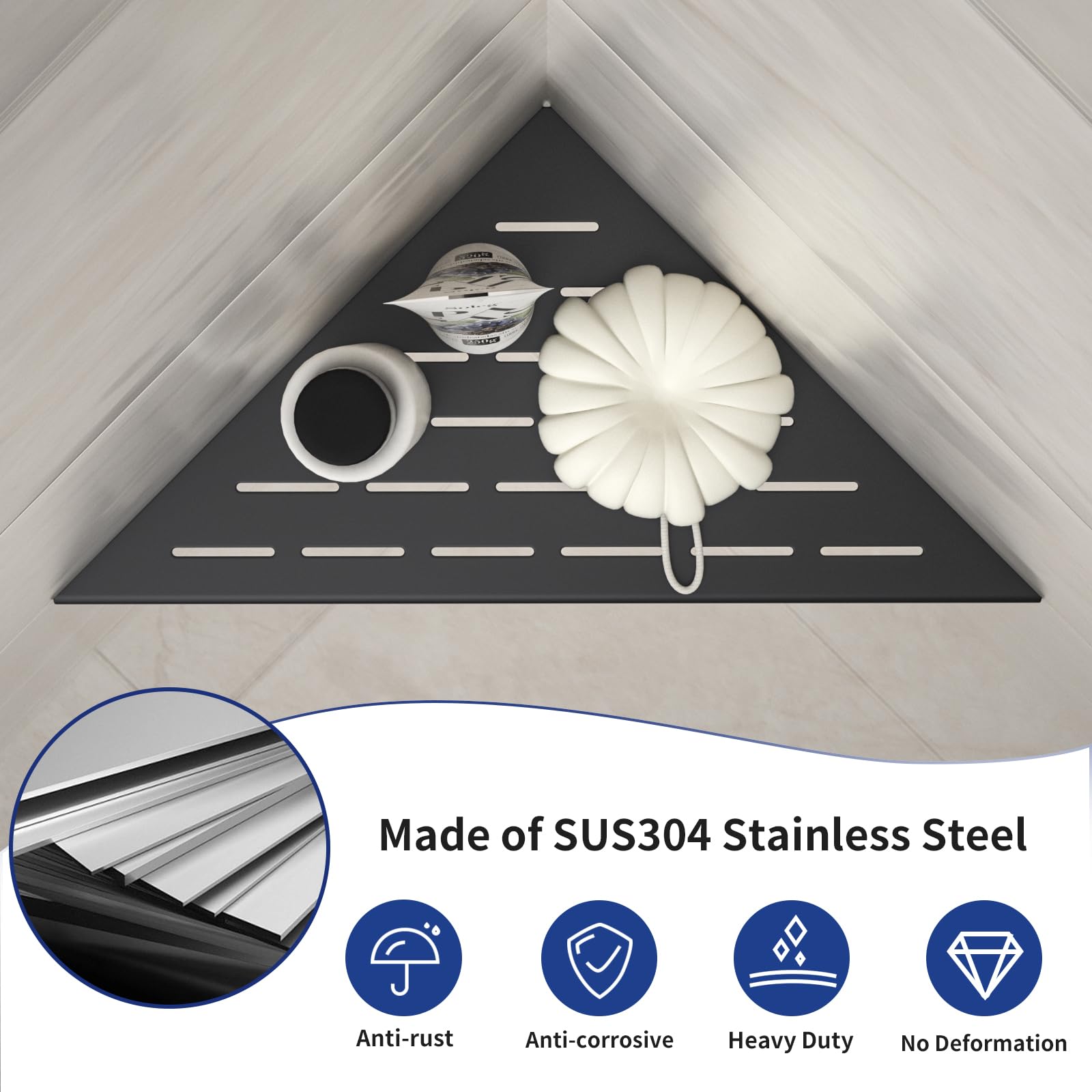 Bernkot Corner Shower Shelf, 12'' Matte Black 304 Stainless Steel Slot Design Recessed Corner Shelves 2 Pack Bathroom Shelf Rack