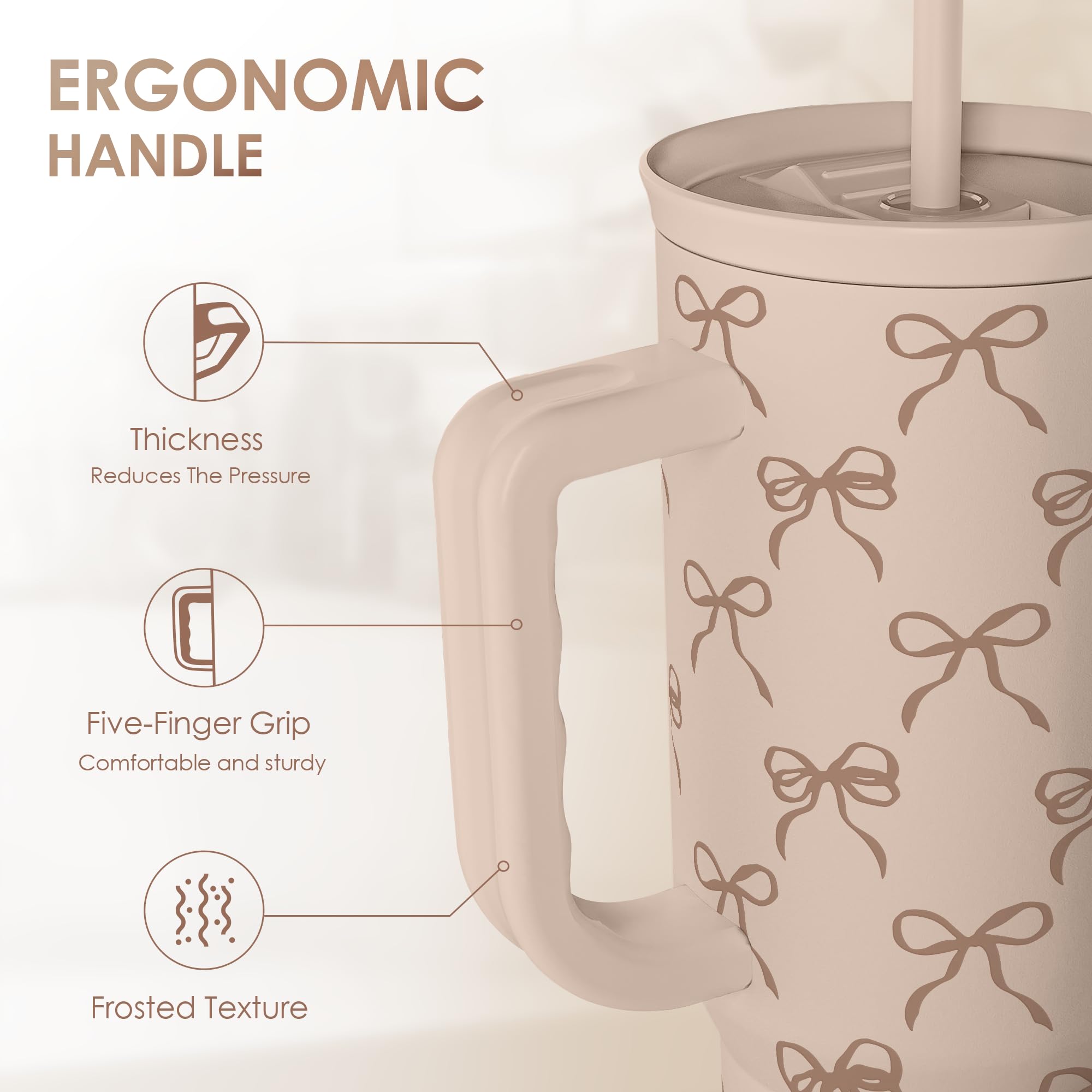 Bow Tumbler with Handle and Straw 40oz - Stainless Sleel Slider Tumbler Travel Coffee Mug for Women - Gift Idea for Birthday Chr