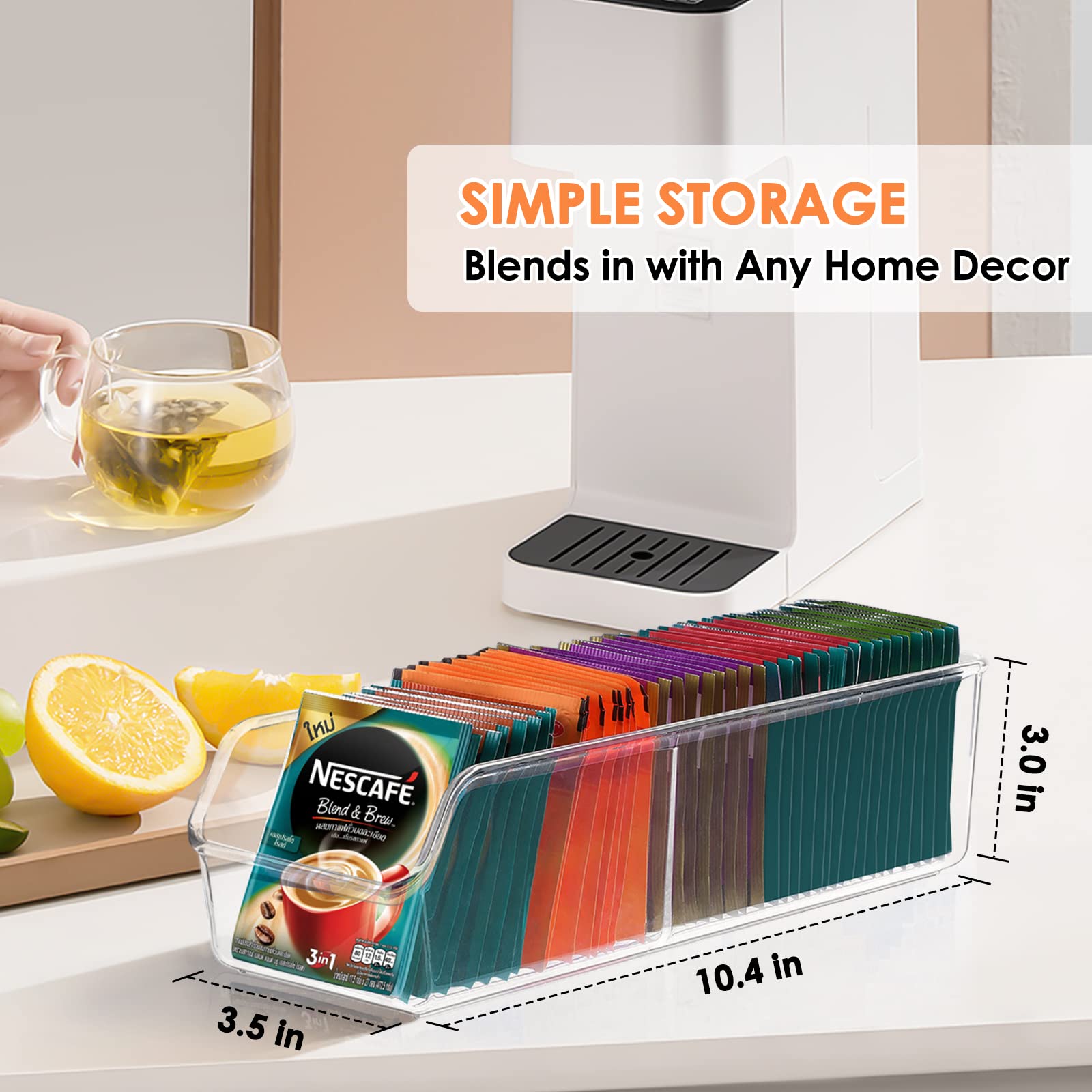 MaxGear Tea Bag Organizer Tea Bag Storage Tea Bag Holder Tea Box Clear Storage Bins for Sugar Packet  Coffee  Condiment  Spice Pouches in Kitchen  Cabinet  Countertop  Pantry  10.4 x 3.5 x 3 inch
