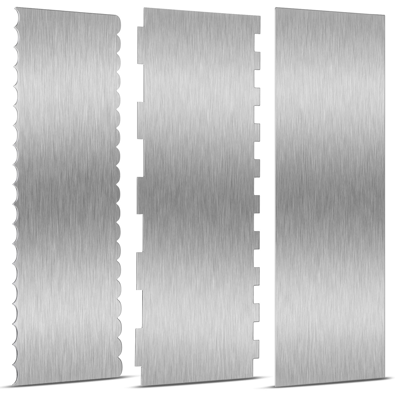 3 Pieces Stainless Steel Cake Scraper 10 Inch and 9 Inch Large Double Sided Patterned Edge Stripe Edge Smoother Scraper Cake Dec