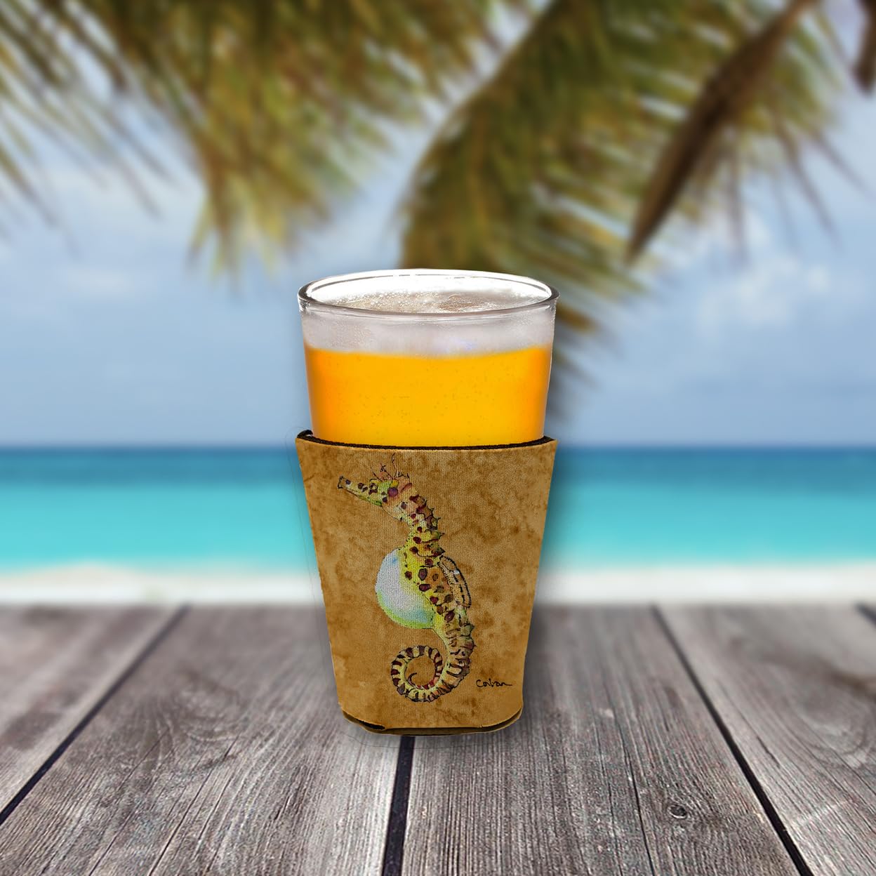 Seahorse Male on gold Red Solo Cup Beverage Insulator Hugger
