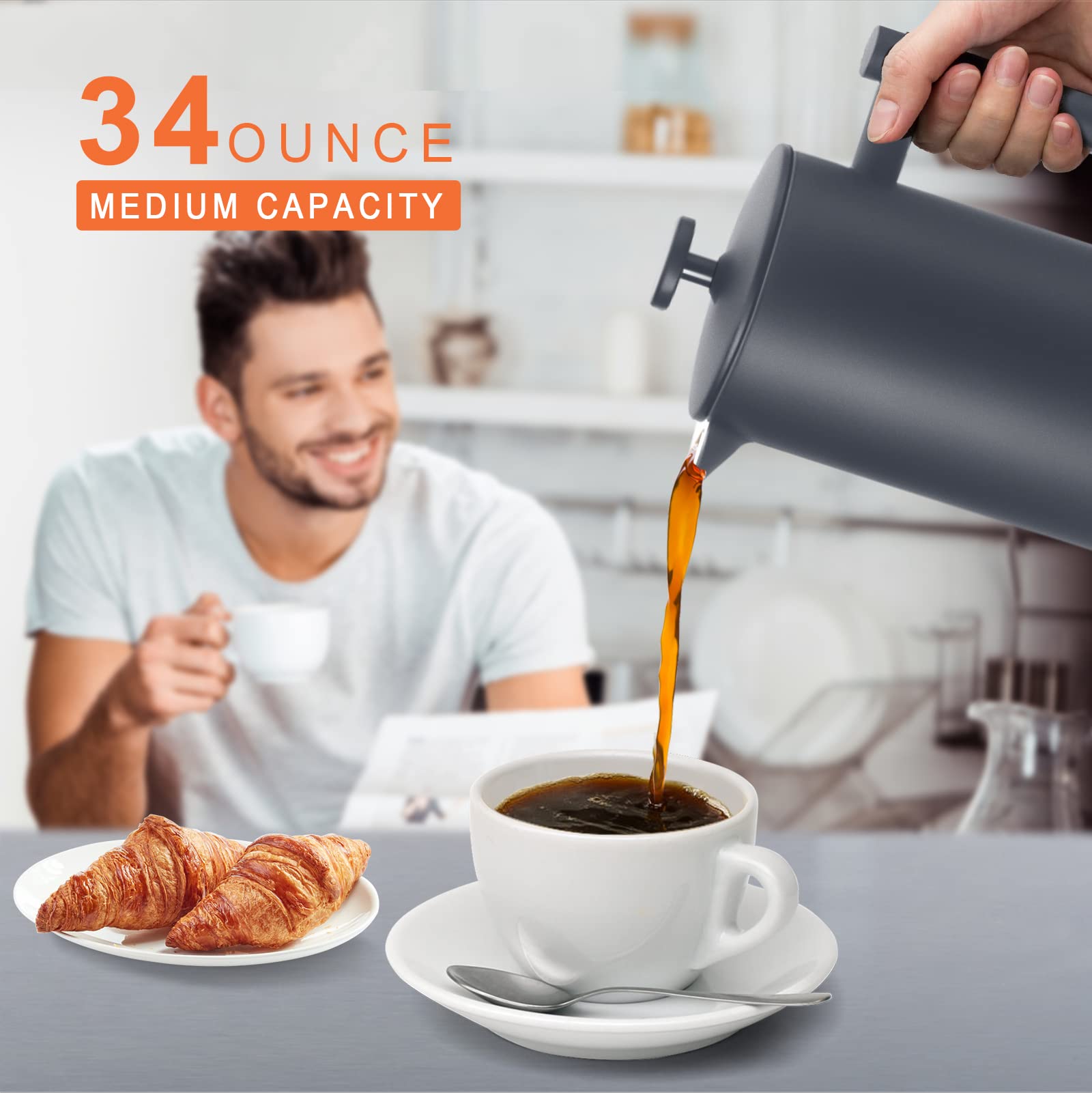 Secura French Press Coffee Maker, 34oz Stainless Steel Insulated, Grey, Model SFP-34DP-GD, Includes 2 Extra Screens