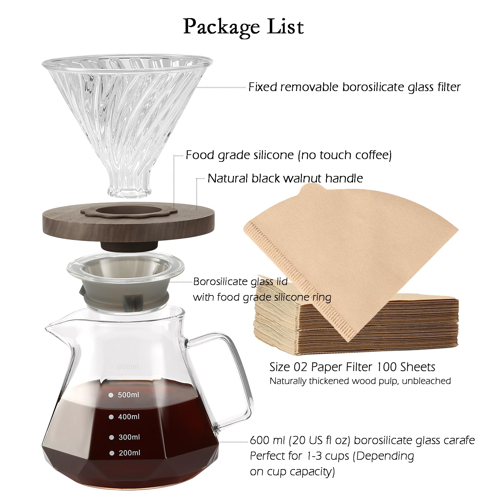 Lalord Pour Over Coffee Maker, 20 Oz Borosilicate Glass Carafe With 100 Pcs V60 Paper Filter, Walnut Handle & Glass Lid, Drip Co