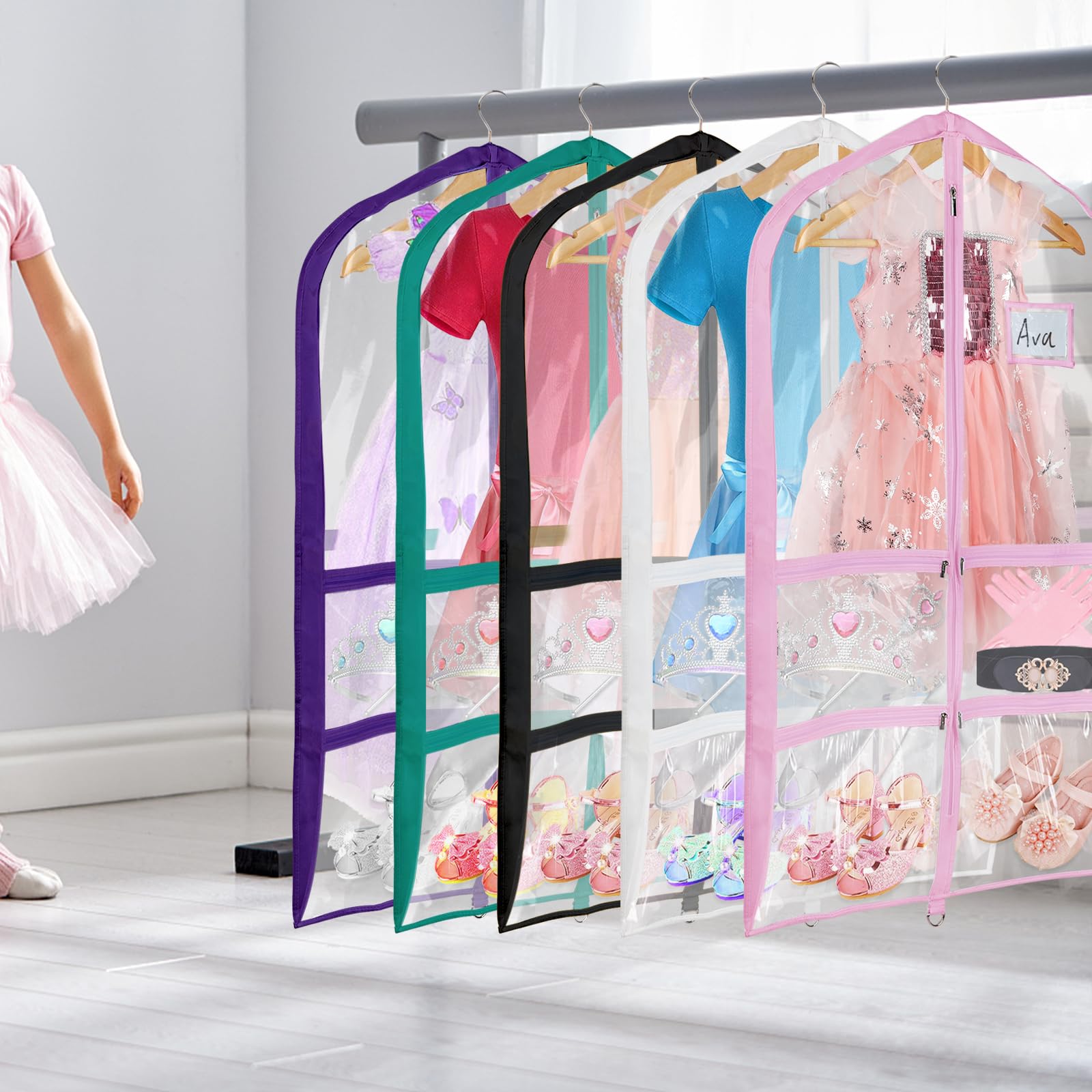 Univivi Clear Pvc Dance Costume Garment Bag 40 Inch Hanging Garment Bag For Dance For Kids, With 4 Medium Clear Zipper Pockets A