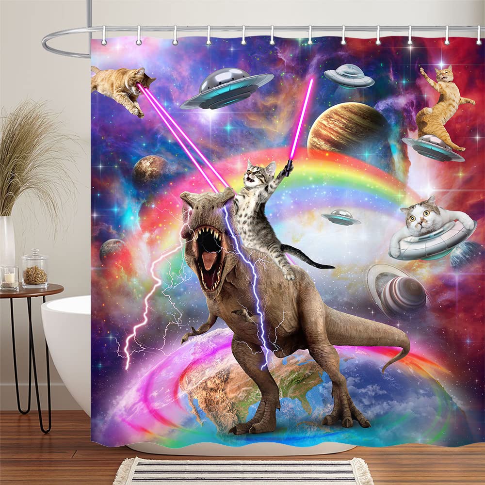 Funny Cat Shower Curtain Boys Kids Bathroom Decor, Cool Cat Riding Dinosaur On Fantasy Galaxy Hilarious Shower Curtain, Funky Ou