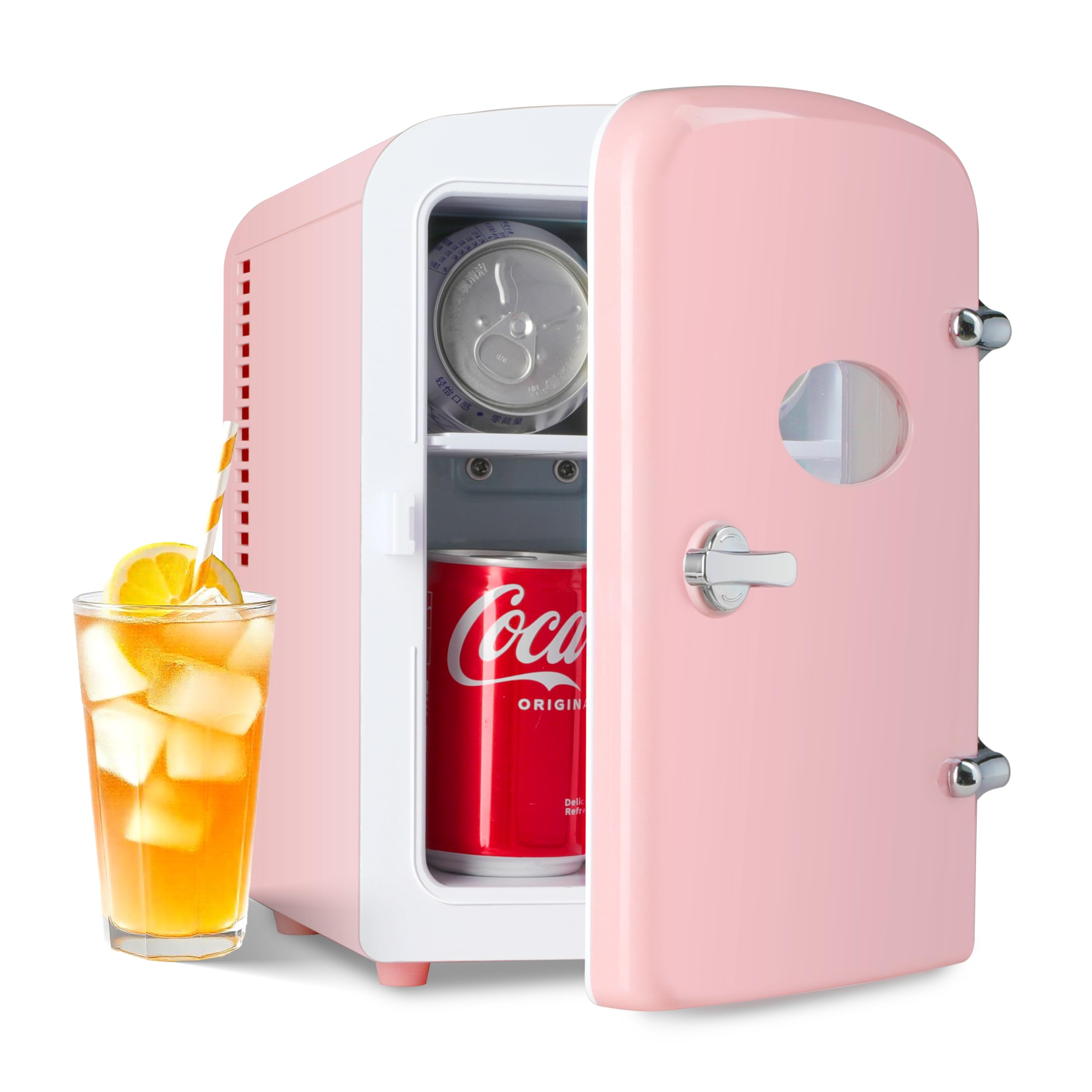 Simple Deluxe 6 Can Portable Mini Fridge with Observation, Compact Cooler & Warmer Freon-Free Small Refrigerator, for Skincare, 
