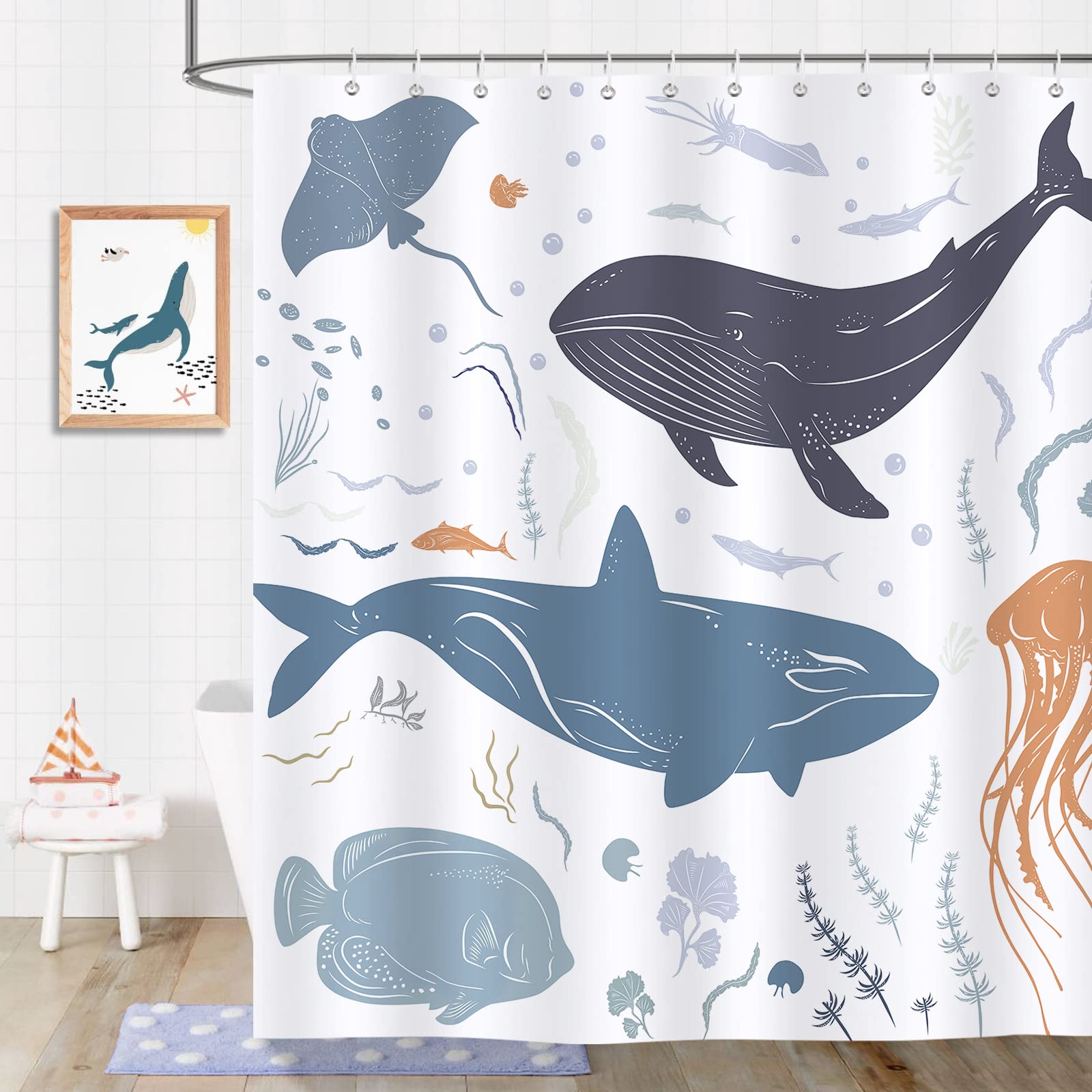 Bonhause Whale Fish Shower Curtain for Kids Sea Animal Decorative Bath Curtain 72 x 72 Inch Polyester Fabric Waterproof Bathroom Curtain with 12 Hooks