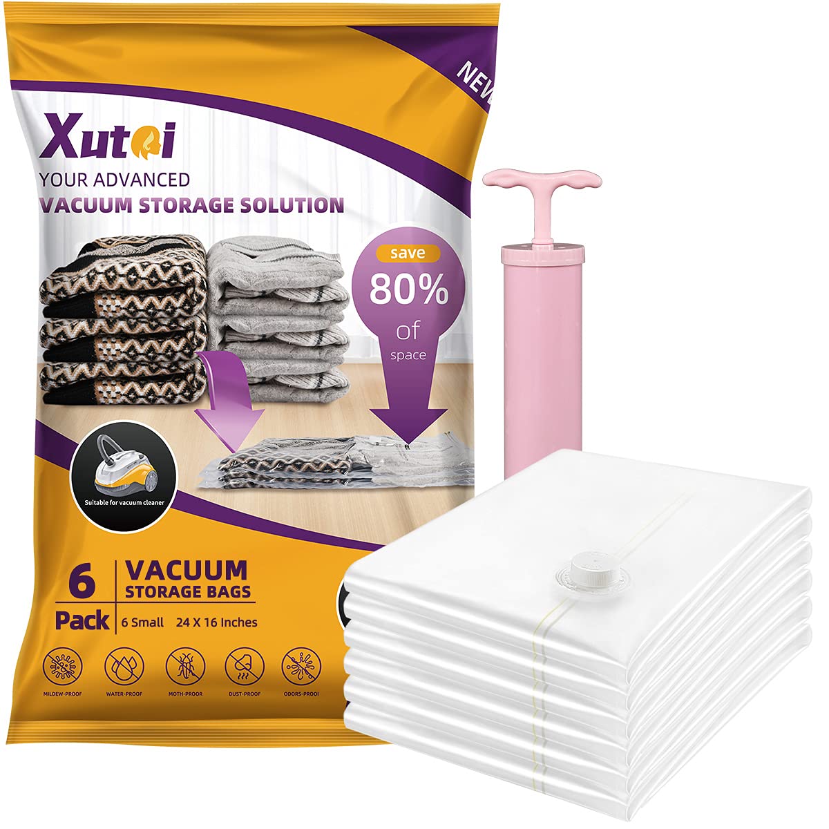 Xutai Vacuum Storage Bags  6 Small Space Saver Bags Vacuum Storage Bags With Pump, 80% More Storage! Extra Large Storage Bags V