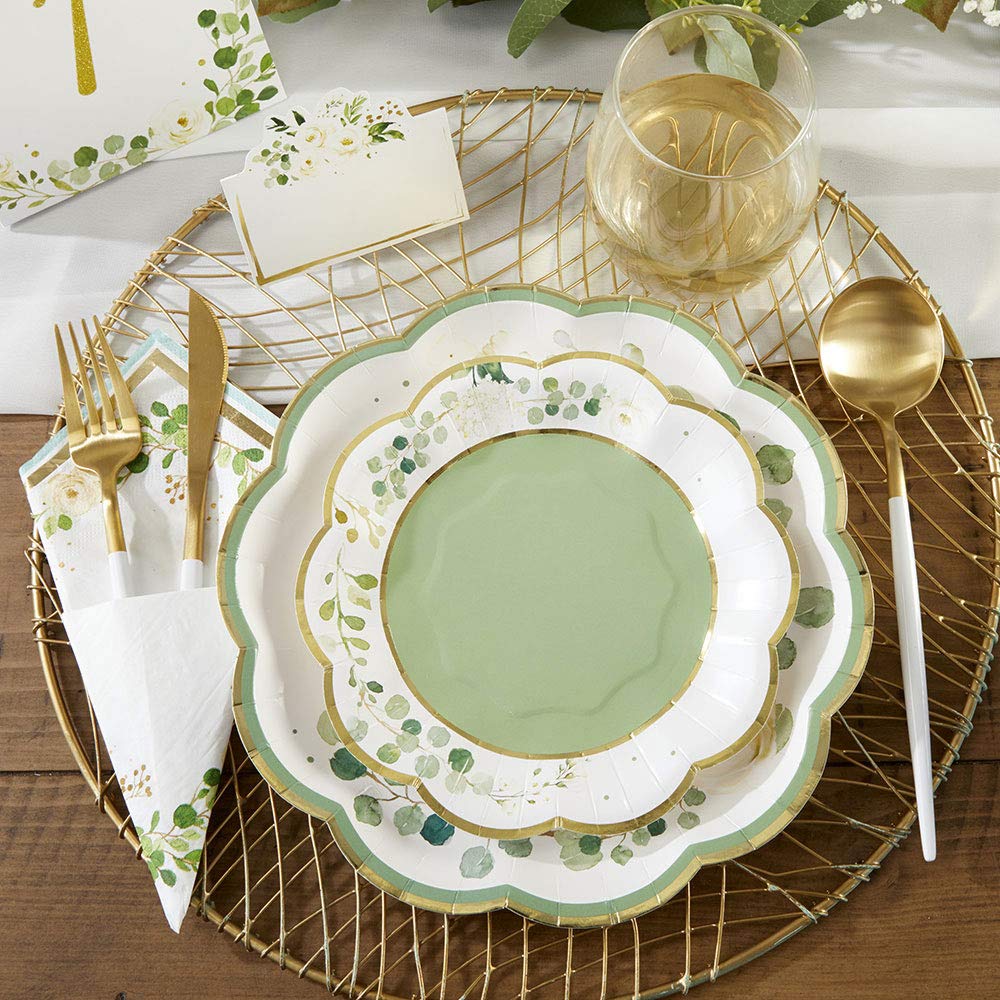 Kate Aspen Sage Green Party Decorations  Eucalyptus Floral 9 in. Decorative Premium Paper Plates (350 GSM weight -Set of 16) - Perfect for Greenery Baby Shower & Bridal Showers