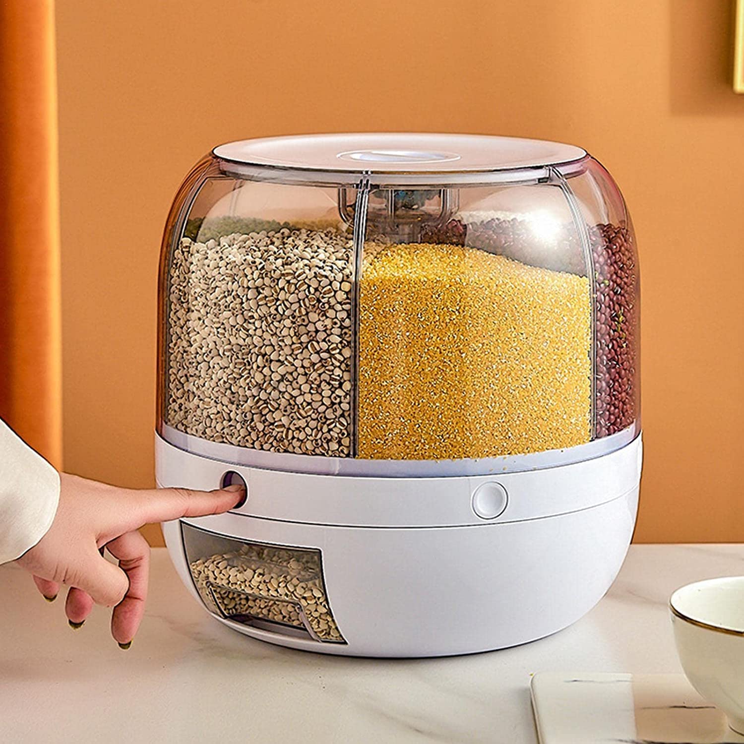 Olpad 6 Grids Dry Food Container, Cereal Dispenser, Rotating Container For Rice Grain Cereals, Transparent Round Rice Bucket, Vi