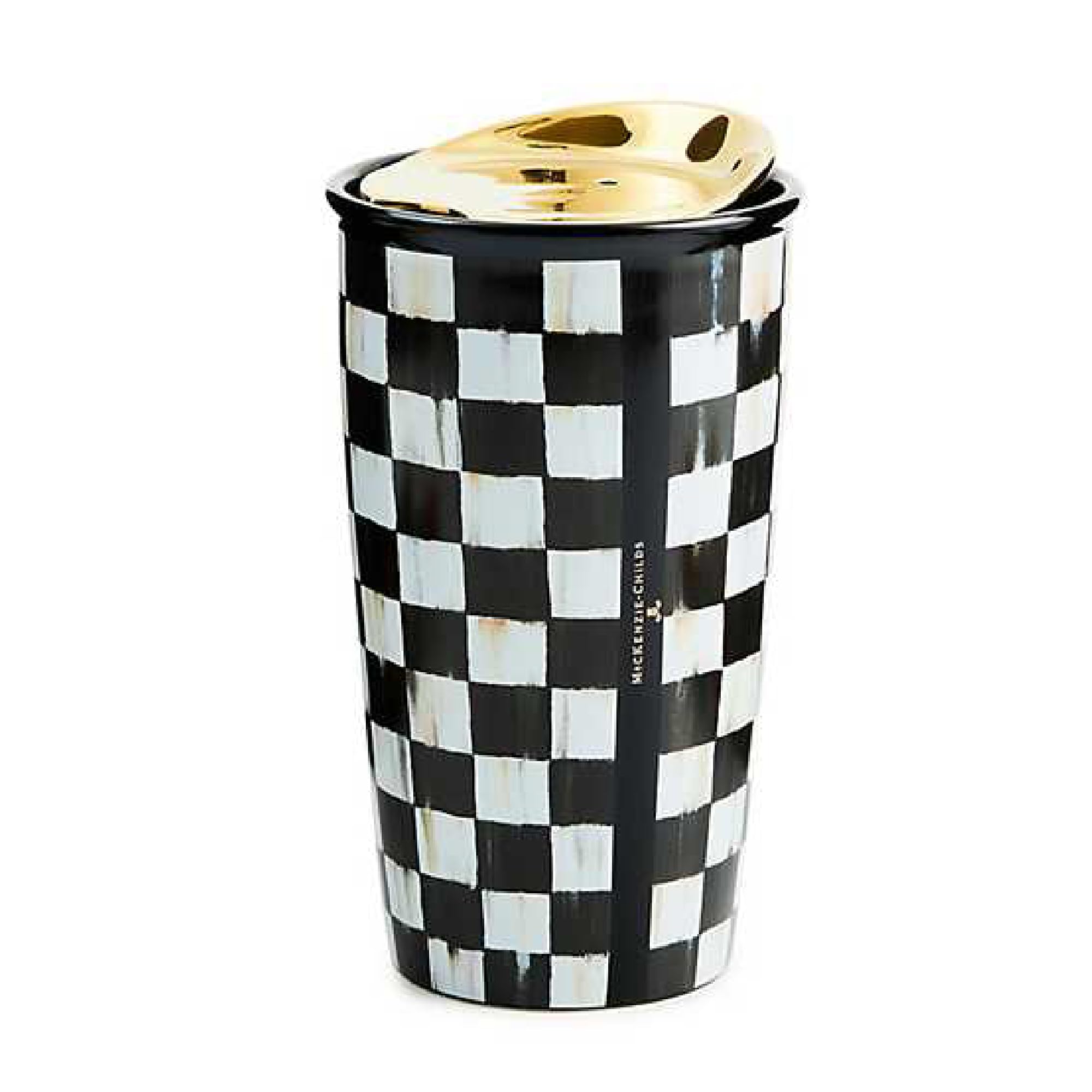 MACKENZIECHILDS Ceramic Travel Cup, BlackandWhite Courtly Check