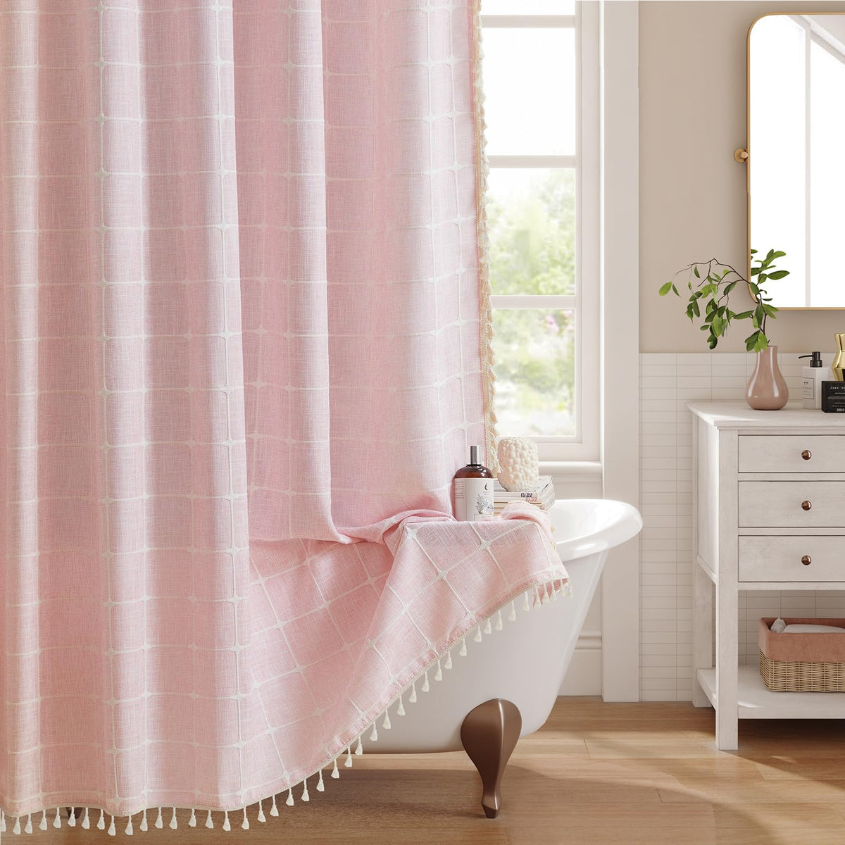 Boho Farmhouse Shower Curtain,Pink Linen Heavy Duty Cloth Fabric Woven Textured Shower Curtain Set With Tassels,Cute Modern Hote