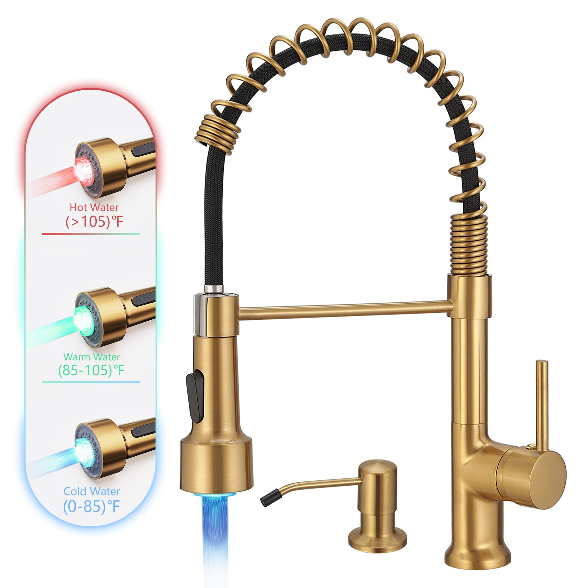 Gimili Brushed Gold Kitchen Faucet With Pull Down Sprayer With Soap Dispenser Single Handle Led Kitchen Sink Faucet