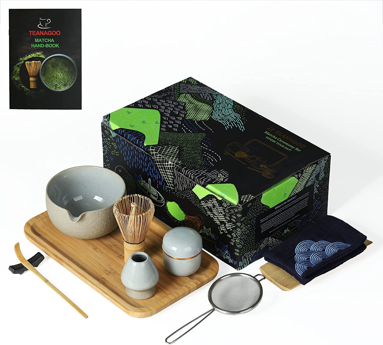 Teanagoo Matcha Ceremony Set With Tray, Japanese Tea Set, Matcha Bowl With Pouring Spout, Matcha Bamboo Whisk, Scoop, Sifter, Ma