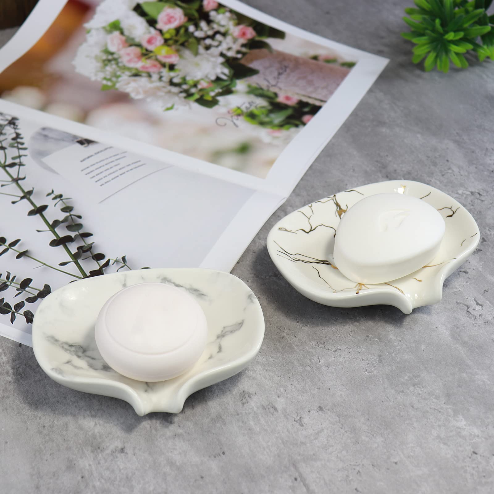 Polyroyal White Marble Texture Soap Dish Ceramic Soap Holder Self Draining Soap Dish Waterfall Slot Sponge Holder Bathroom Accessories for Bathroom  Kitchen Bar Counter.