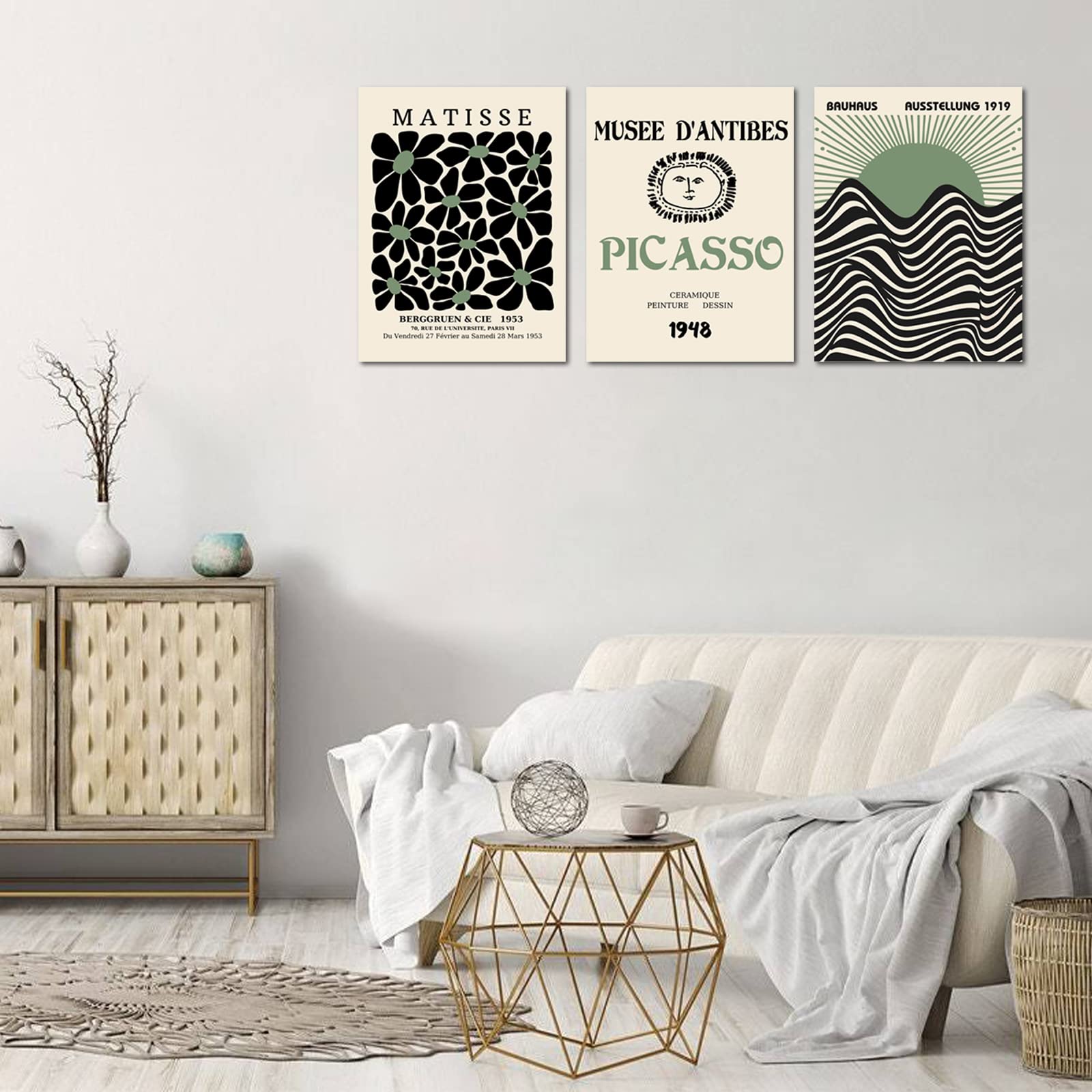 Sage Green Matisse Wall Art Set Of 3, Abstract Matisse Wall Art Posters Decor, Minimalist Framed Wall Art Geometric Line Sun Ris