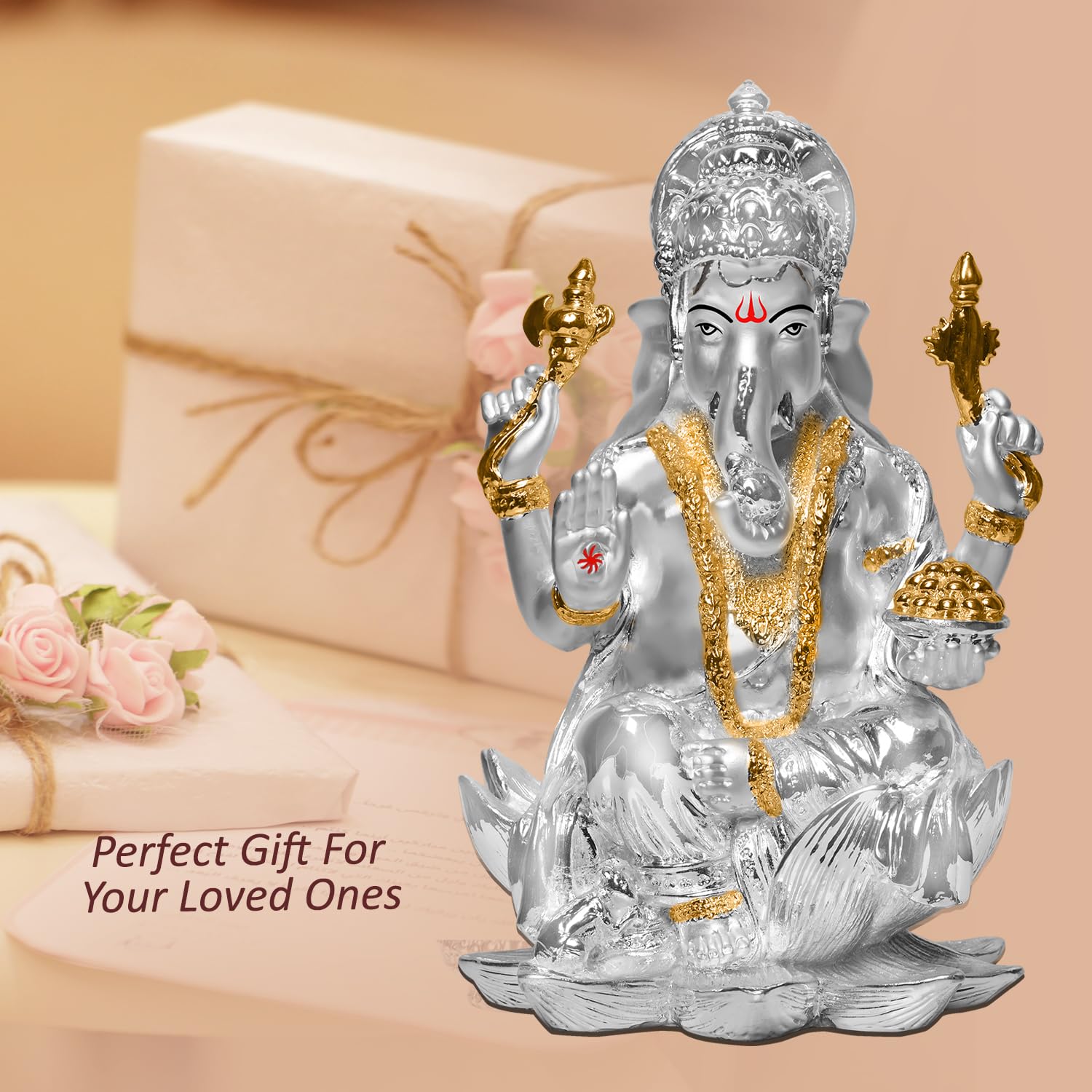 Diviniti Ganesha Idol For Home Decor Showpiece|999 Silver Plated Statue Of Lord Ganesha On Lotus|Ganesh Ji Murti For Puja Room,