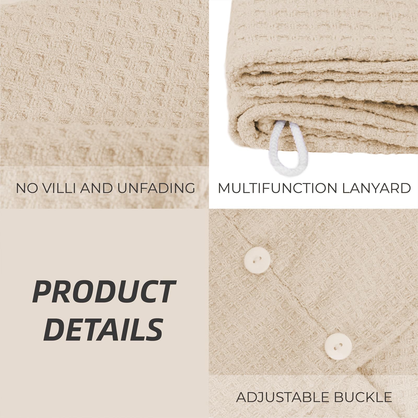 Microfiber Hair Drying Towel with Button 1Pack Khaki Waffle Long Hair Head Wraps Twist Plopping Curly Shower Turban Terry Cloth