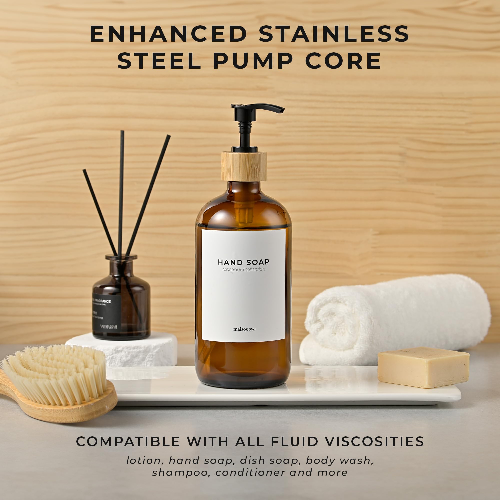 Maisonovo Hand Soap Dispenser | 16.9 Fl Oz Amber Glass Soap Dispenser With Bamboo Pump