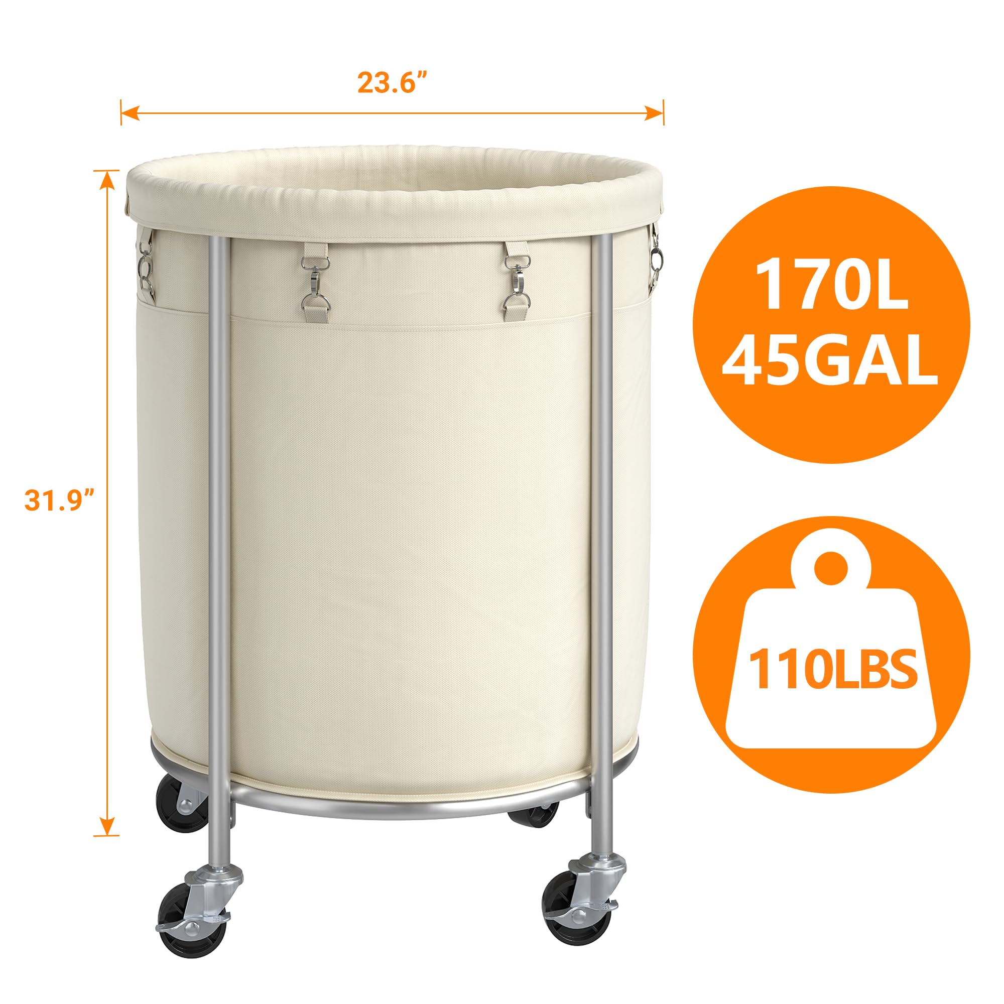 Elyken Laundry Basket With Wheels, 170L Rolling Laundry Hamper With Removable Bag And Steel Frame, Round Laundry Cart With 4 Cas