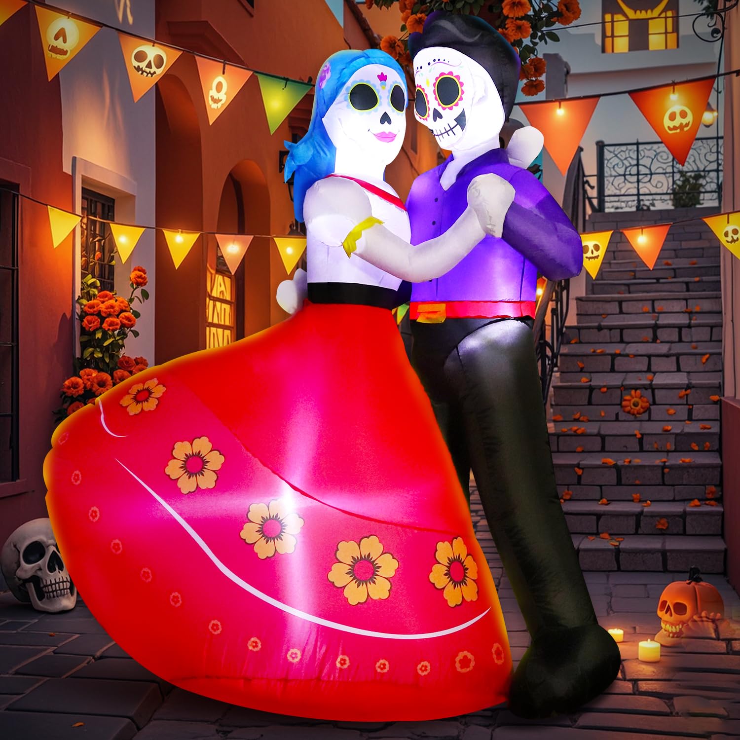 DomKom Halloween Inflatable Blow Up Decorations, Dia de Los Muertos 6FT Day of Dead Catrina Sugar Skull Couple Dancing, Built-in