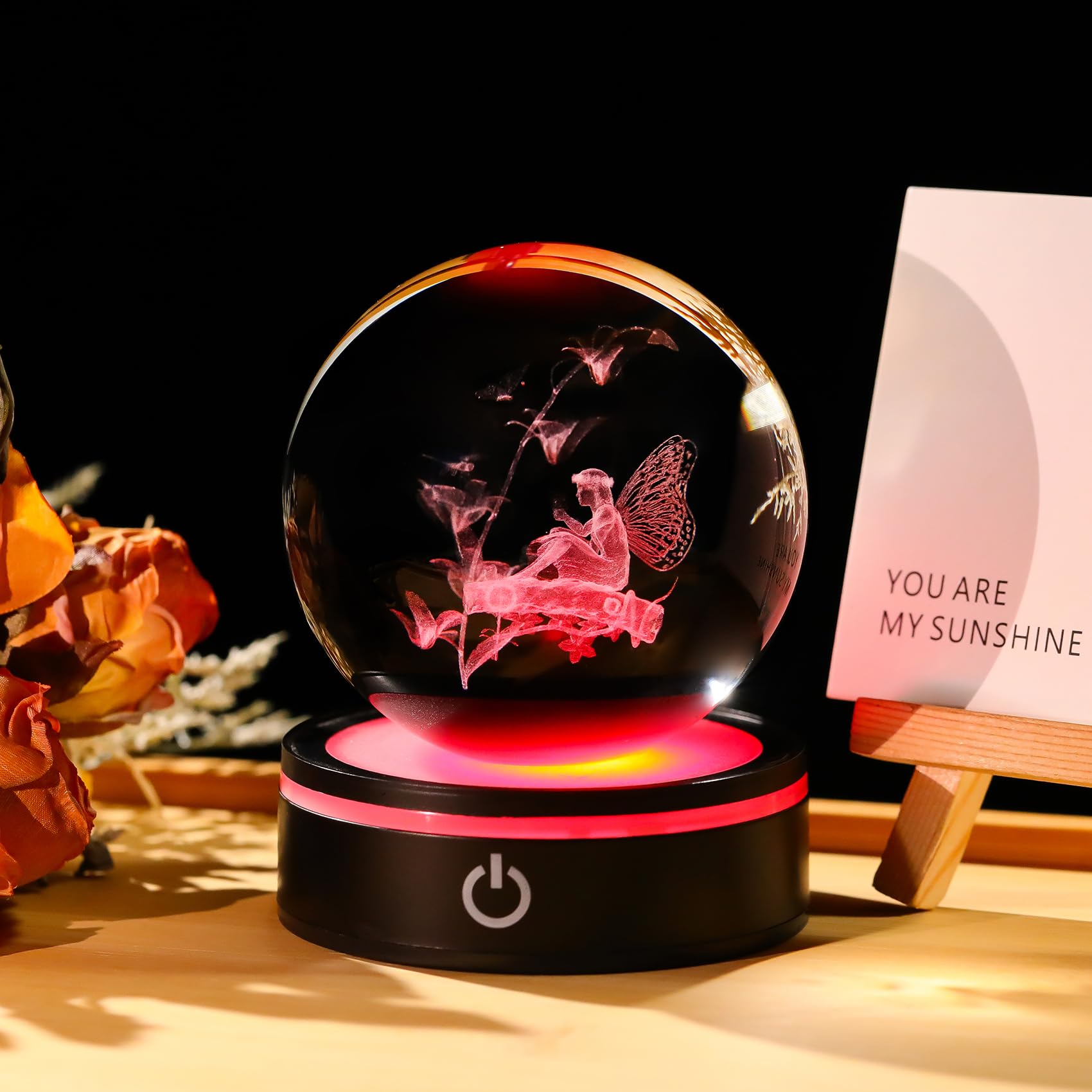 YWHL 3D Butterfly Fairy Figurine Crystal Ball with Colorful Light Base, Fairy Gifts for Women Girls on Christmas Birthday, Laser
