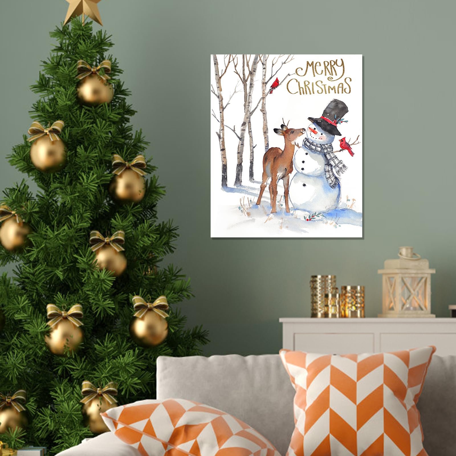 Christmas Canvas Wall Art Decor: Snowman And Deer Decorations Pictures Prints - Winter Scene Aesthetic Painting Artwork Farmhous