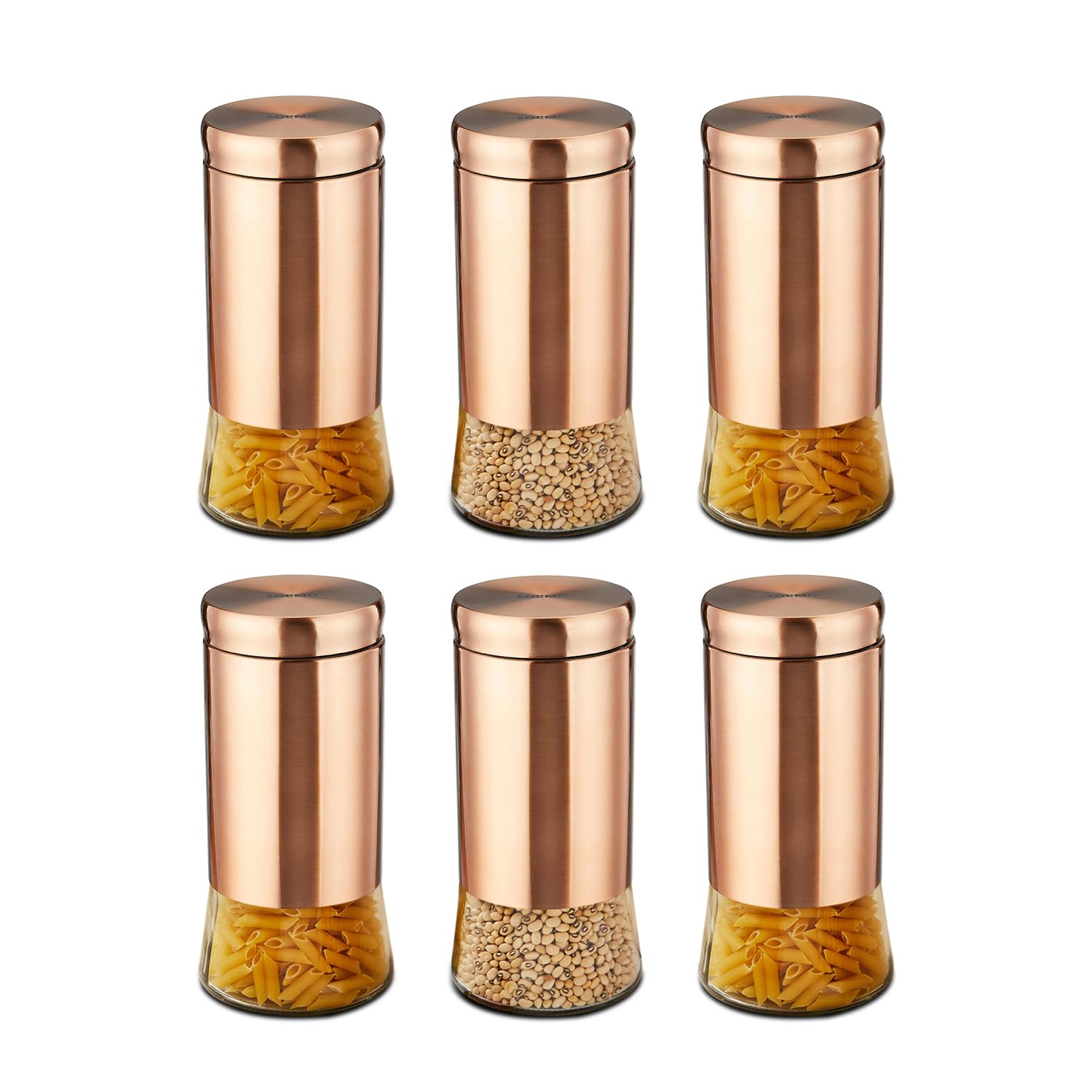 Amazon Brand  Solimo Rose Gold Bell Bottom Glass Jar | Multipurpose Kitchen Organizer With SeeThrough Window | Glass/Stainless