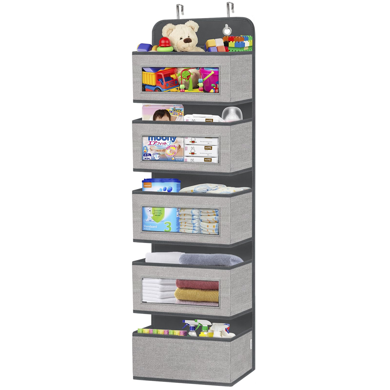 Over The Door Hanging Organizer Storage With 5 Large Pockets,Wall Mount Storage With Clear Windows And 2 Widened Metal Hooks For