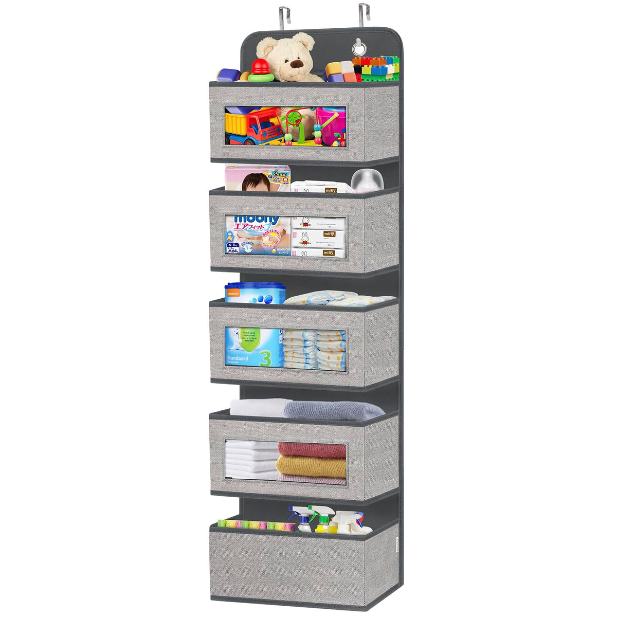 Over The Door Hanging Organizer Storage With 5 Large Pockets,Wall Mount Storage With Clear Windows And 2 Widened Metal Hooks For