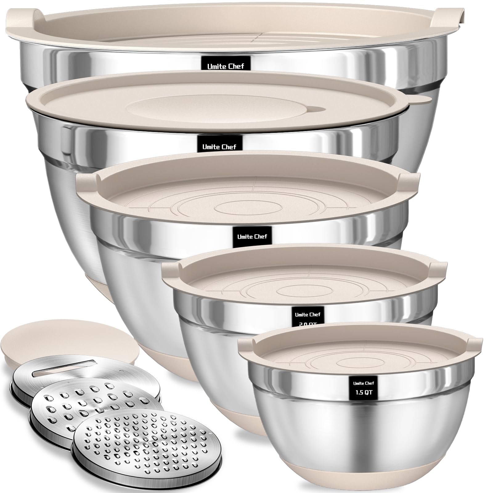 Umite Chef Mixing Bowls With Airtight Lids Set, 8Pcs Stainless Steel Khaki Nesting Bowls With Grater Attachments, Kitchen Bowls