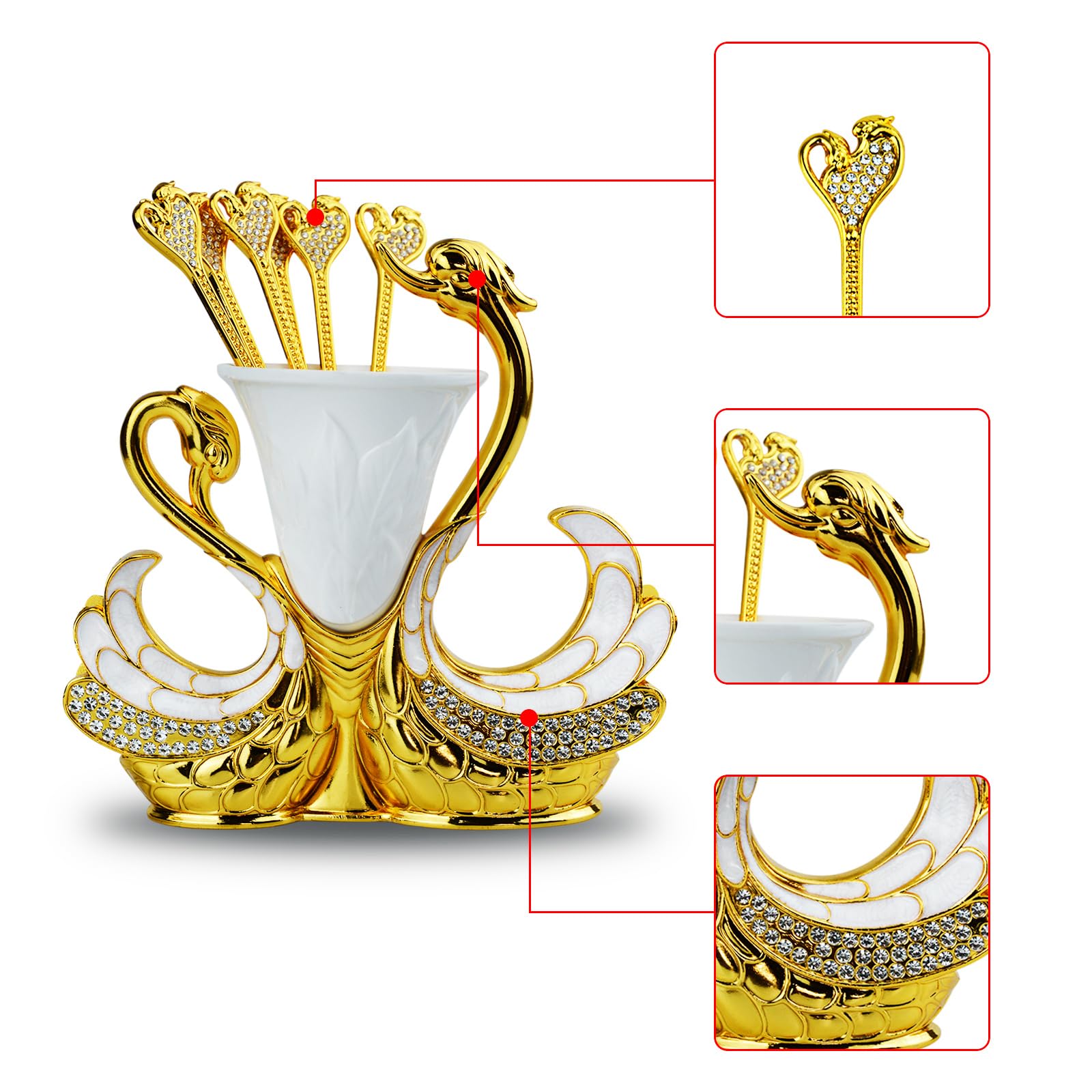 Coffee Spoon Set, Metal Swan Base Holder Dessert Spoon Organizer With 6Pcs Spoons Teaspoon Dessert Flatware Set For Coffee Fruit