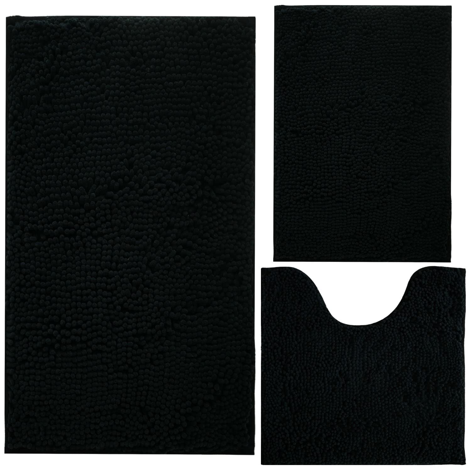 Black Bathroom Rug Chenille 3-Piece Extra Soft And Absorbent Shag Bathroom Rugs, Machine Wash Mat, Strong Pvc Non-Slip Underside