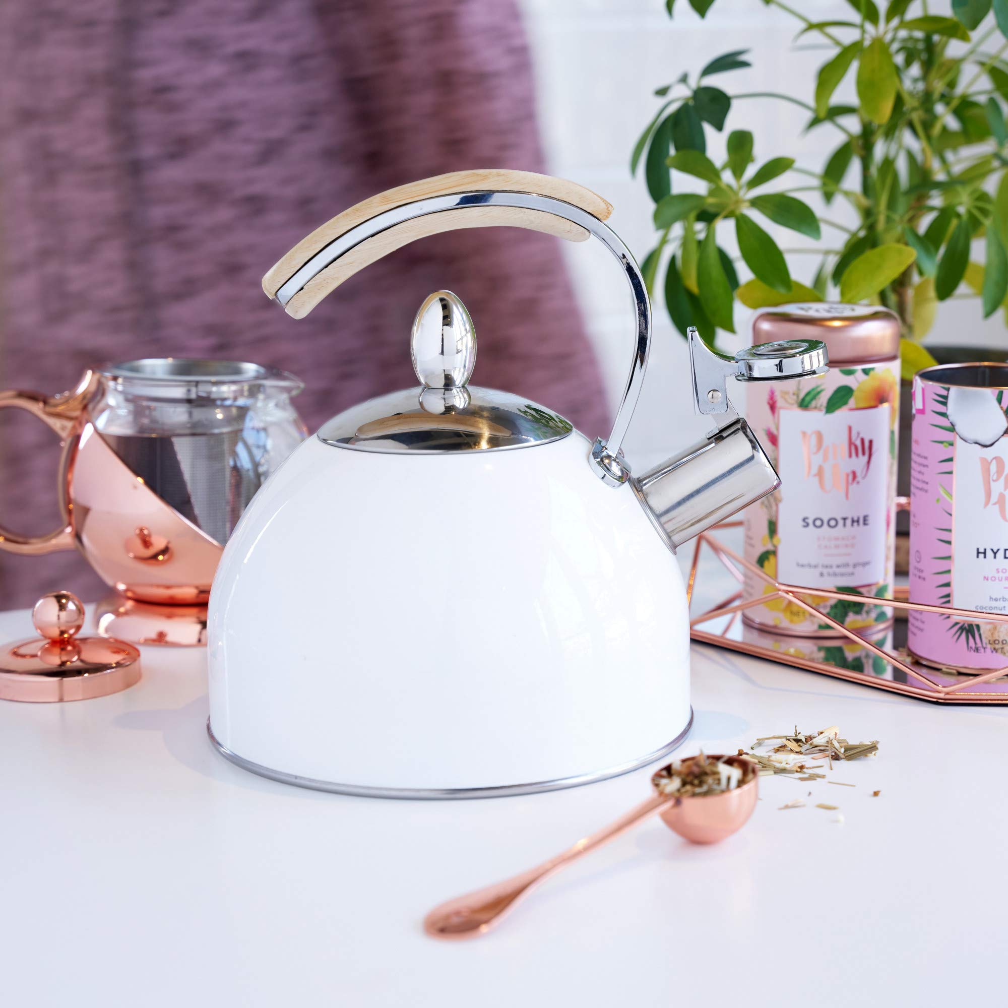 Pinky Up Presley Tea Kettle, Stovetop Stainless Steel Kettle, Whistling, Tea Accessory Gifts, Fast Boil Water Kettle, Wooden Han