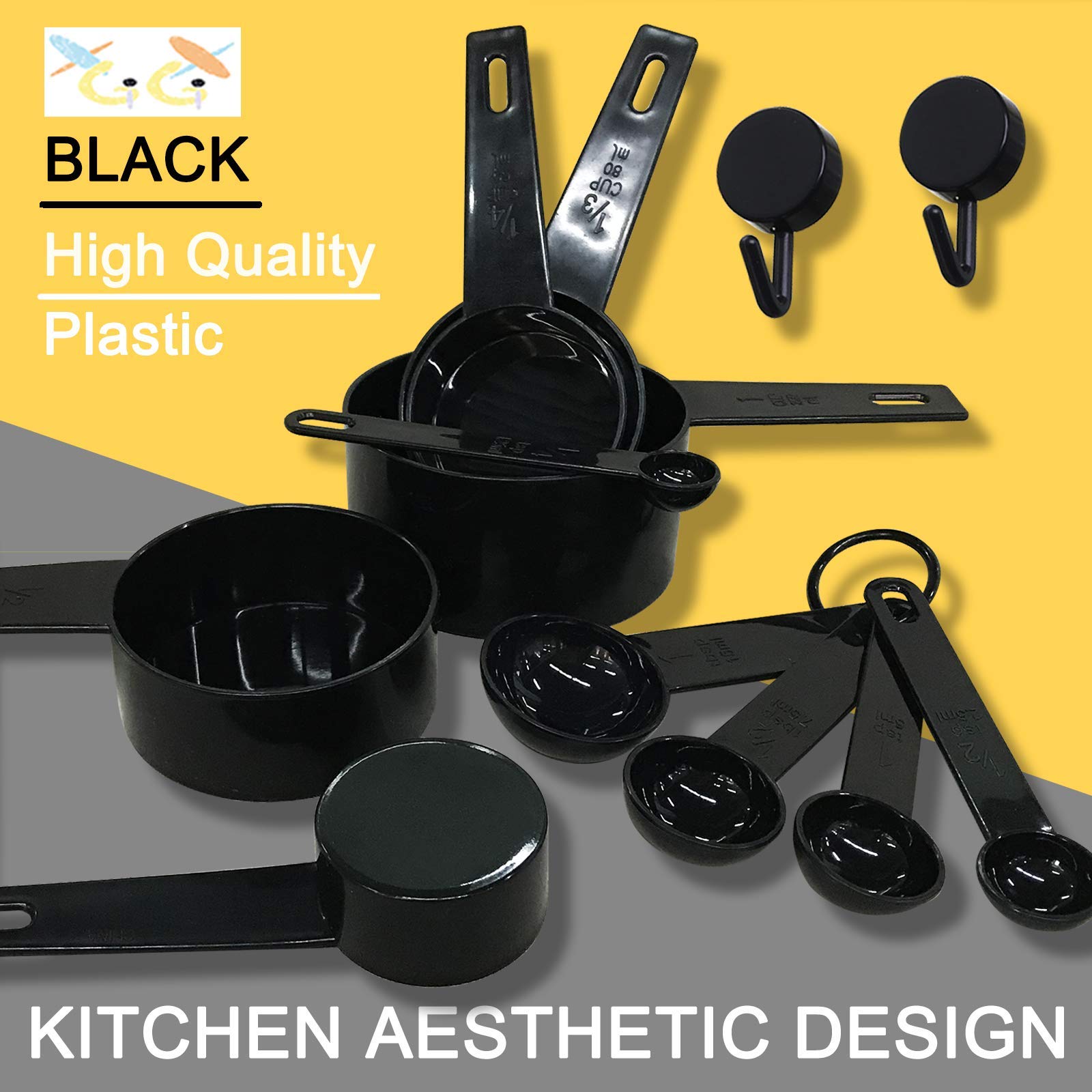Xgigix Black Measuring Cups And Measuring Spoons Set Of 10Pcs, Minimalist Modern Cups, Included 2 Pcs Kitchen Tool Hook Up. (Bla